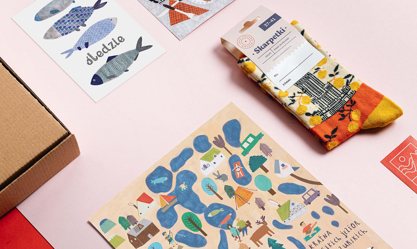 brand identity gadgets illustrated branding  poland polish postcard socks socks design souvenir Stationery