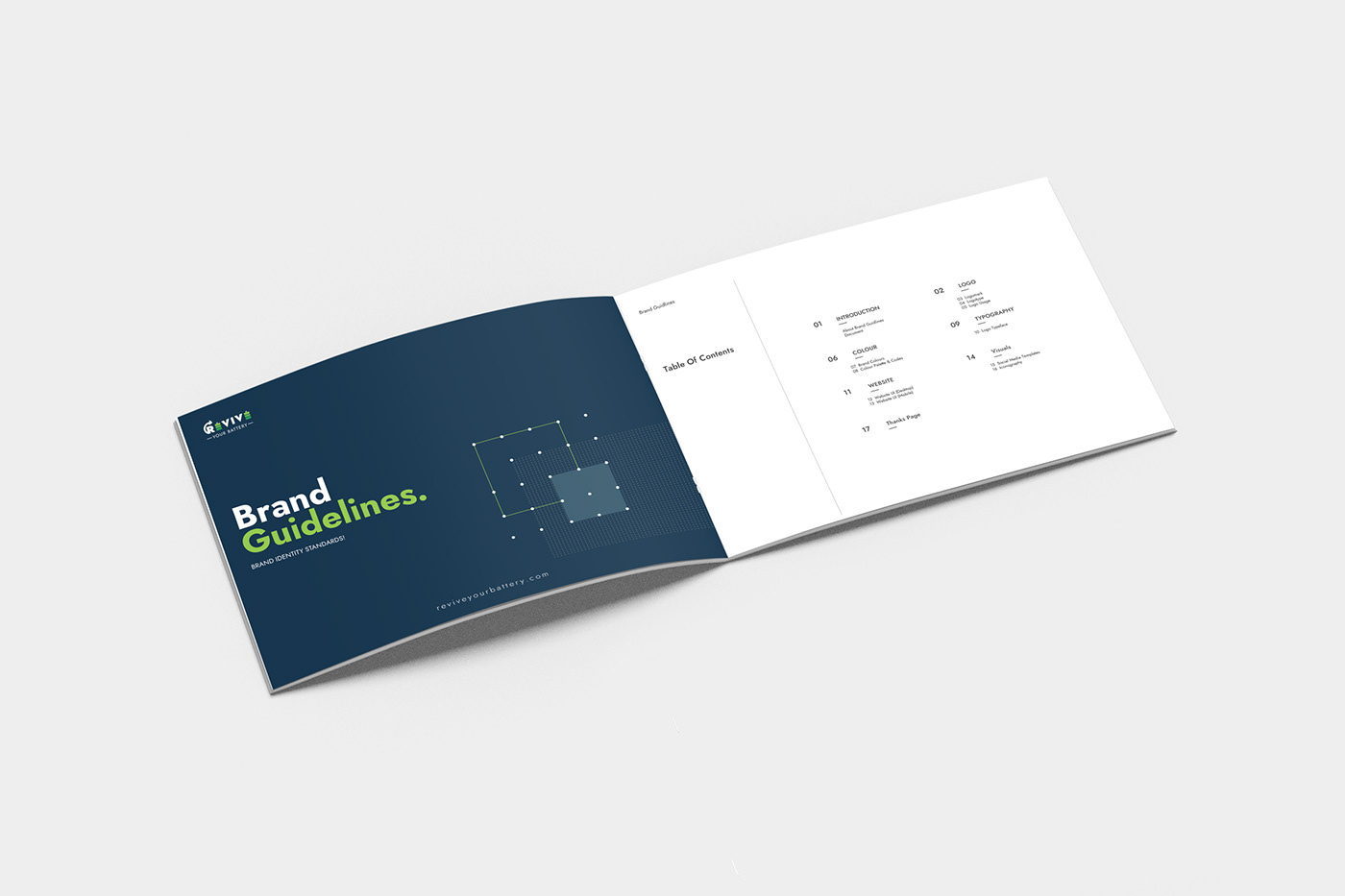 branding guidlines and brand book mockup of a battery revival company
