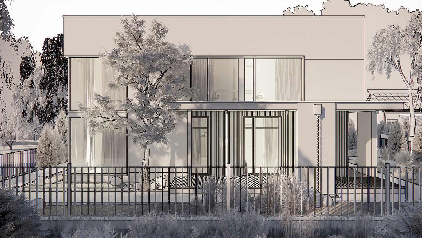 Modern white villa with large glass windows and minimalist design