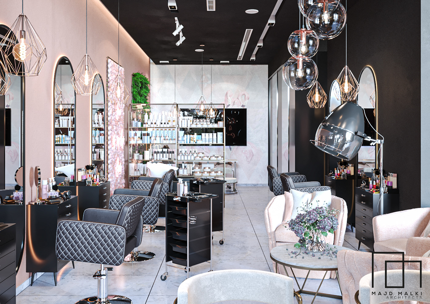 beauty salon black interior design  modern pink rendering Rose Gold