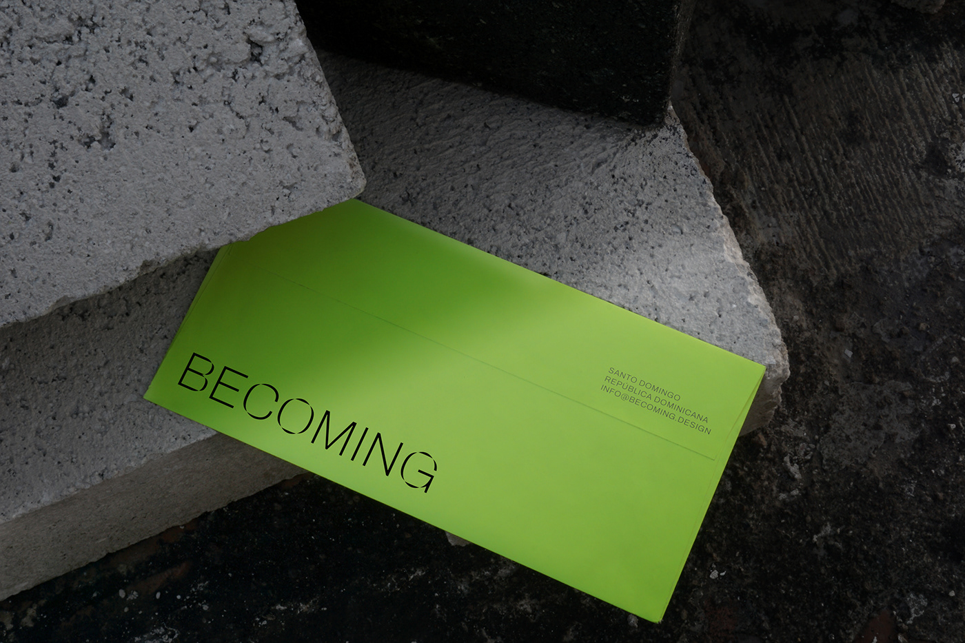 Green envelope design for Becoming, an architecture studio in Dominican Republic