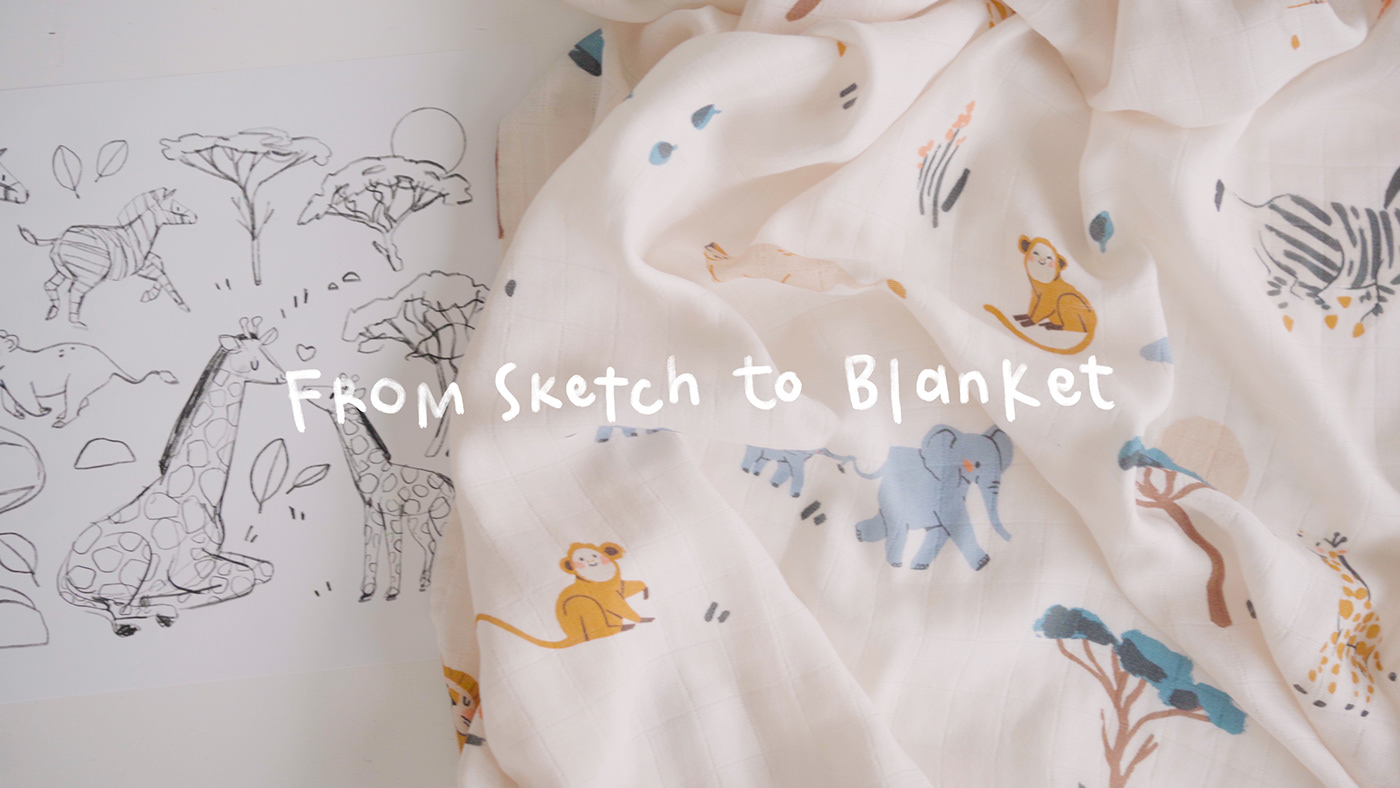 Photo of safari animal sketches and the printed baby swaddle blanket. Youtube Video.