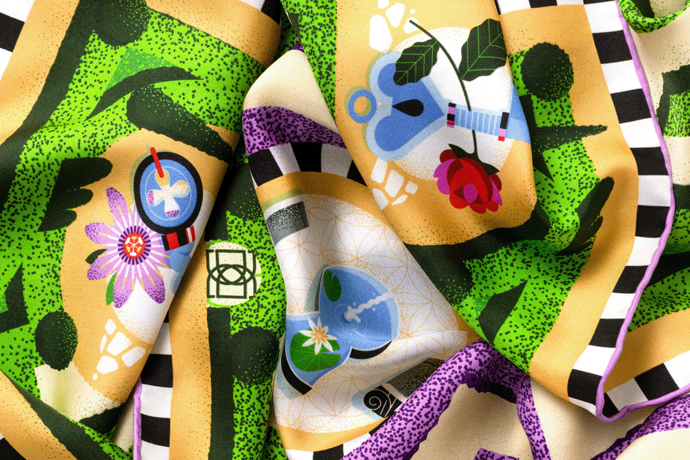 colorful Fashion  geometric labyrinth Lucky Charms scarf SILK silk scarf textile textile design 