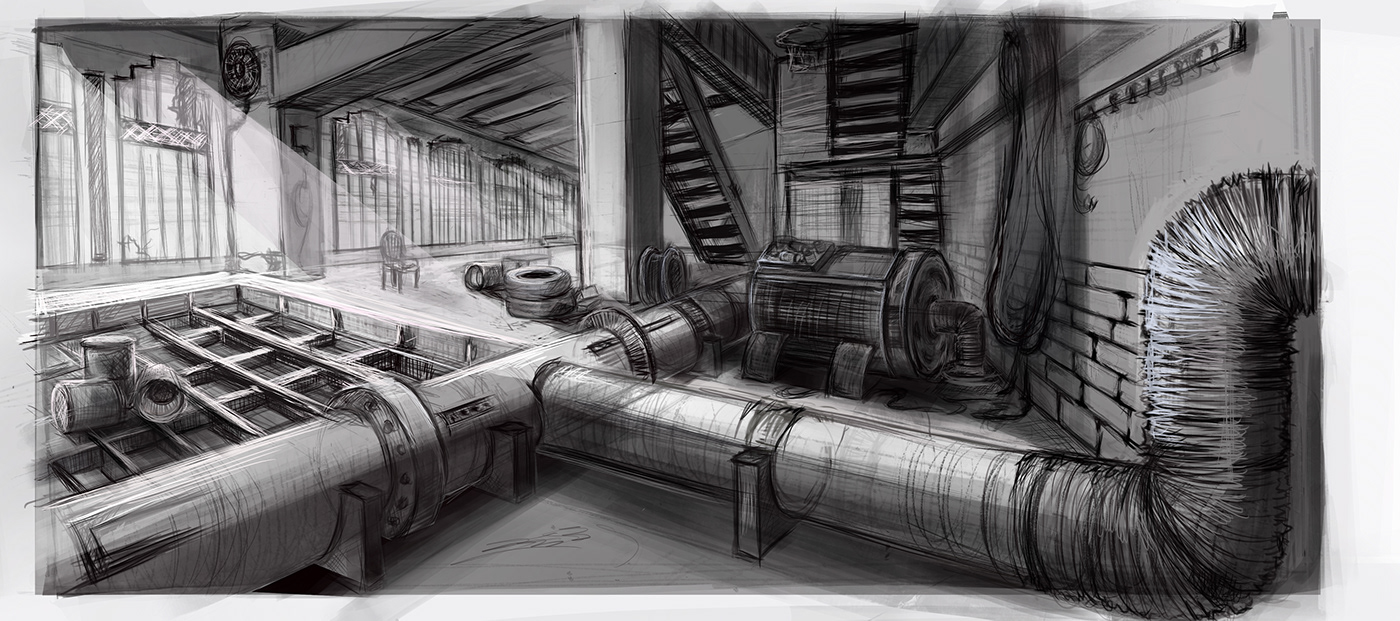 abandoned places Digital Art  artwork sketch Drawing  concept art black and white photoshop factories