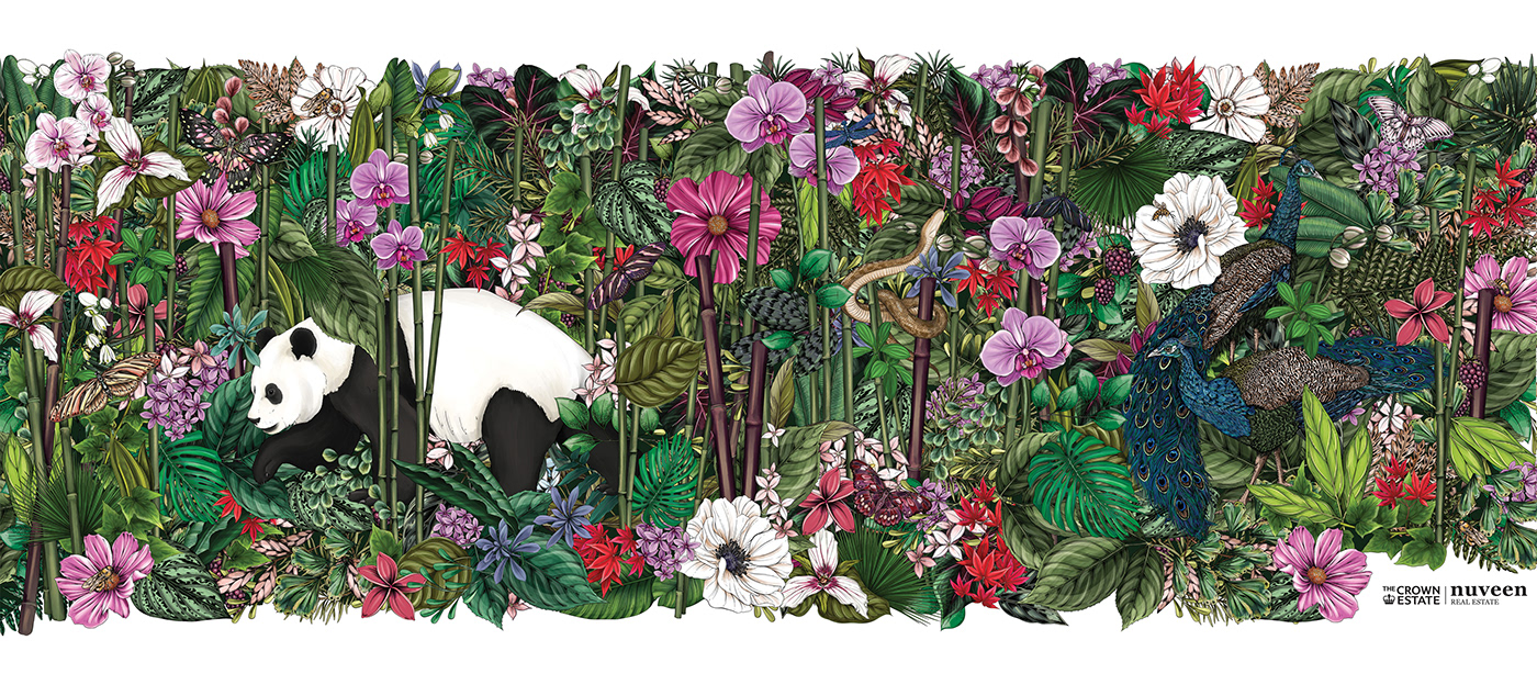 Panel of dense botanical illustrations featuring panda and peacocks

