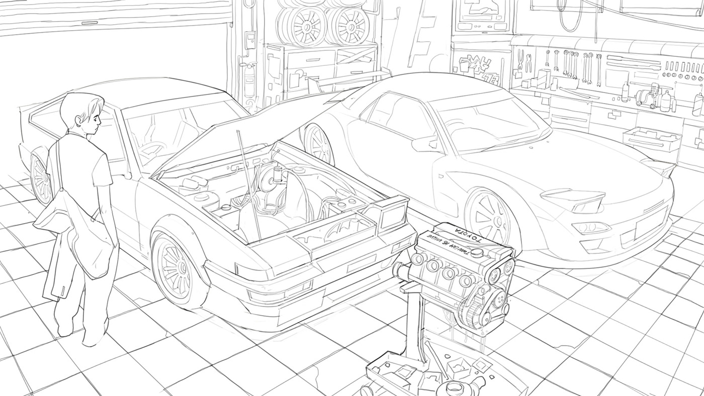 initial d Fan Art toyota86 Mazda Rx7 Raceism concept art Vehicle garage