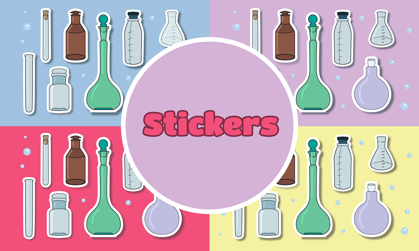 A set of brightly colored chemistry lab stickers.
