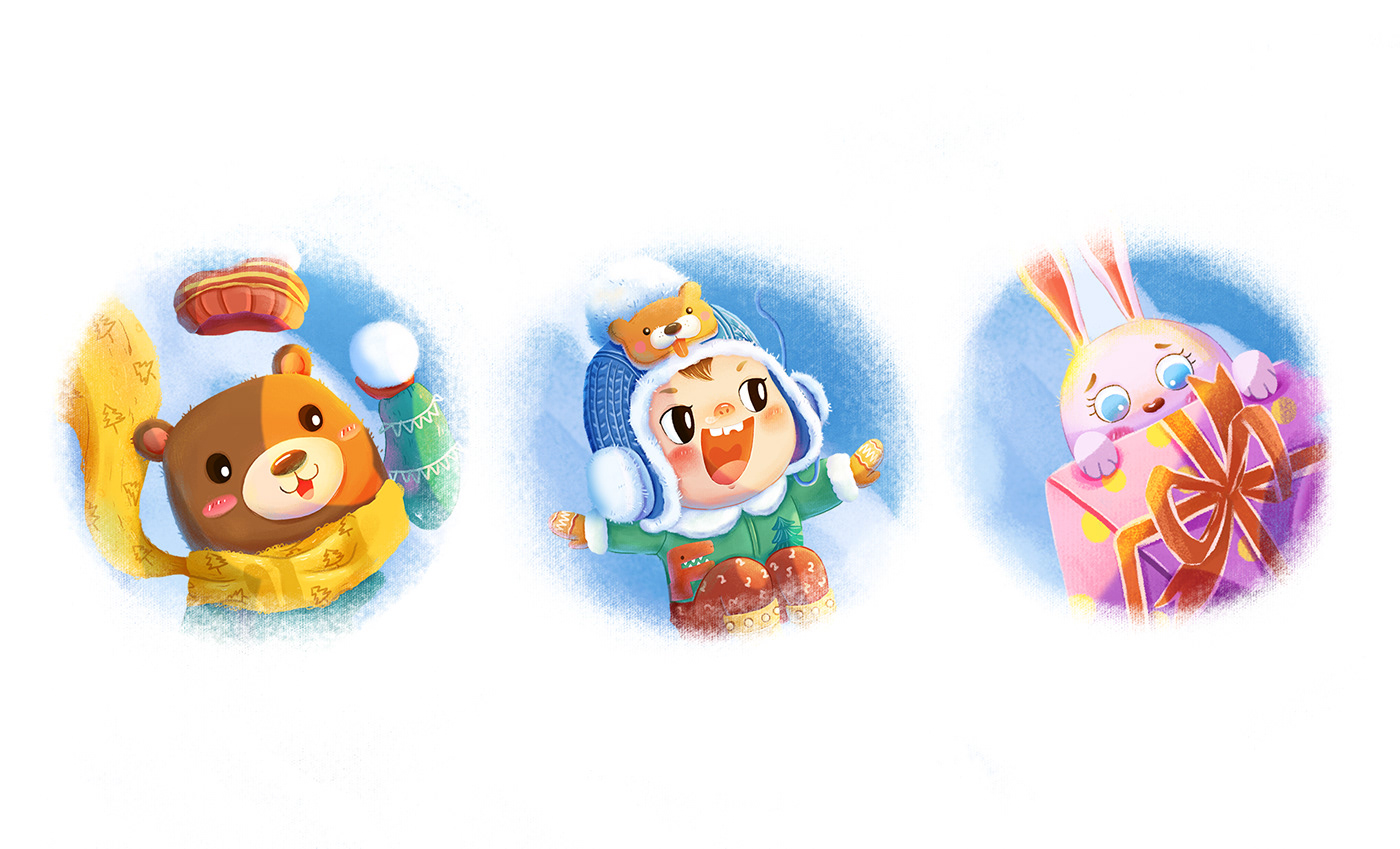 儿童插画 兔子 冬天 圣诞节 大熊 气球 滑雪 落叶