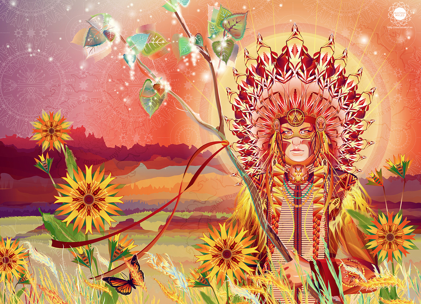 geometric Flowers Sun God red vector tribal native american