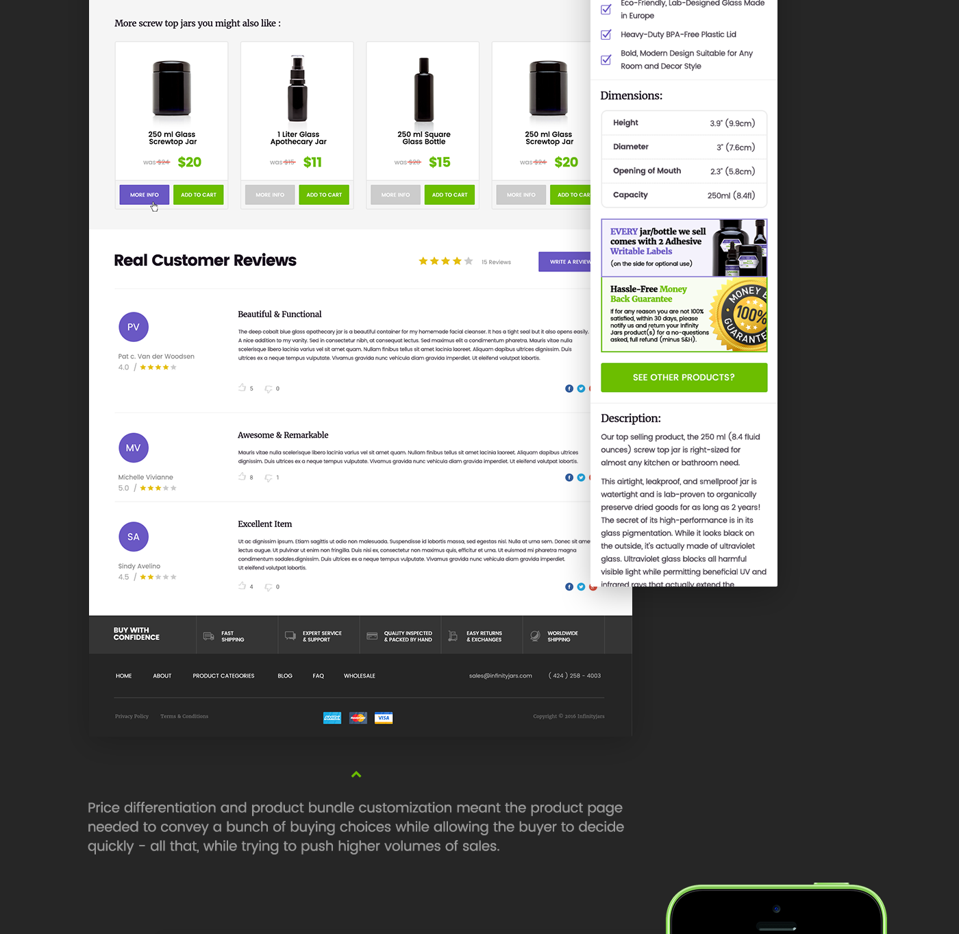 Ecommerce Amazon glass jar container bottles purple green Webdesign
