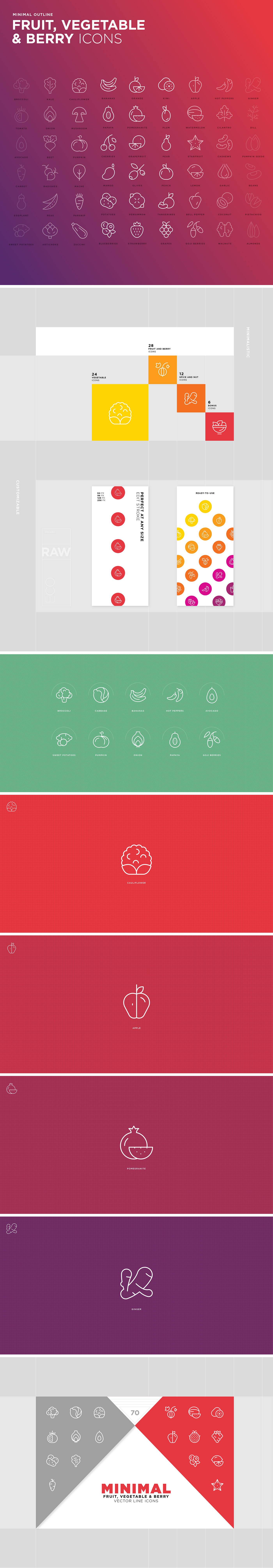 icons Food Icons minimal line icons vegetables Fruit berries fitness raw green