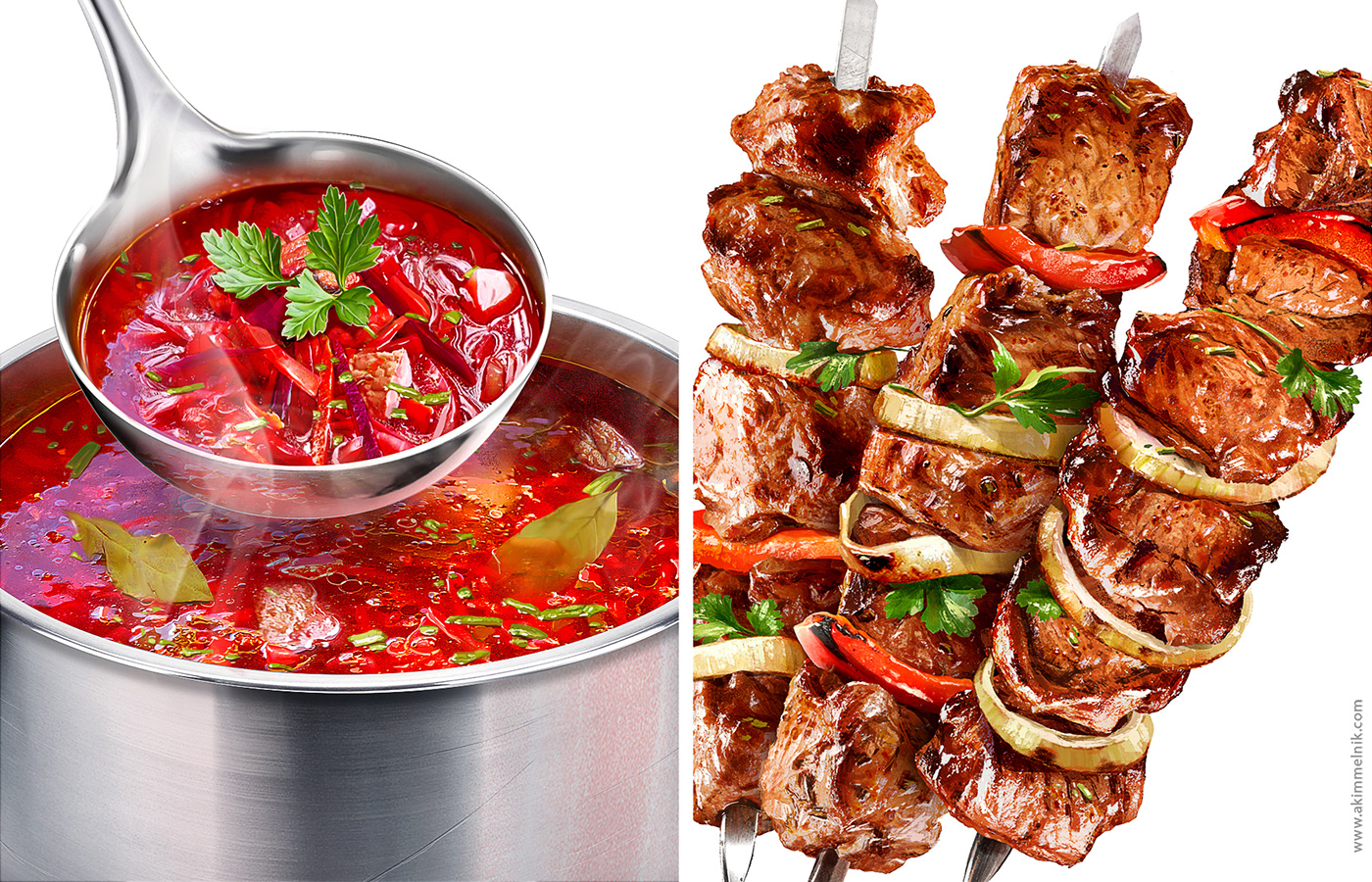 Illustrations of borscht and shish kebab for spice packages