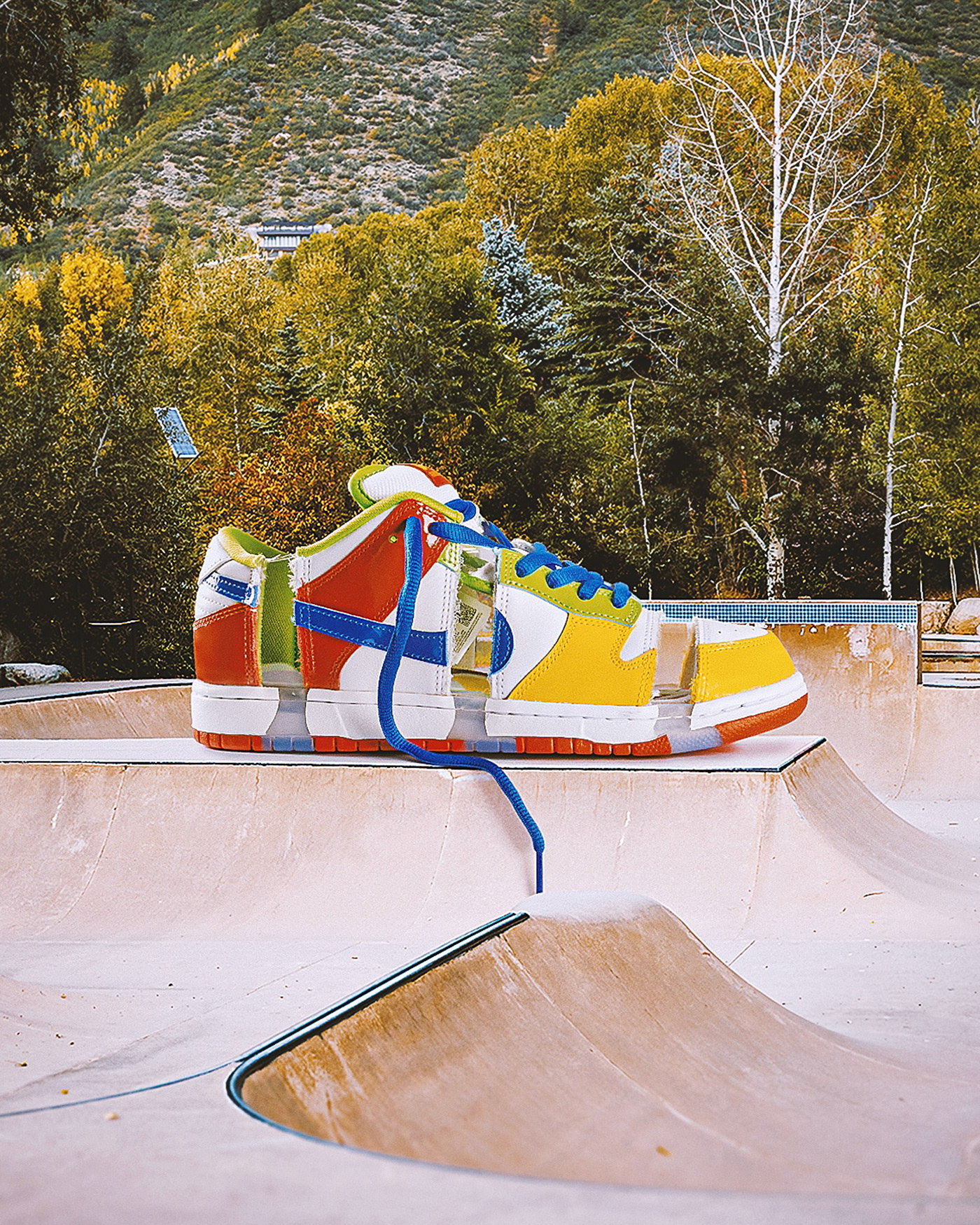 Giant sneaker photo composite at skate park . Retouching using Photoshop