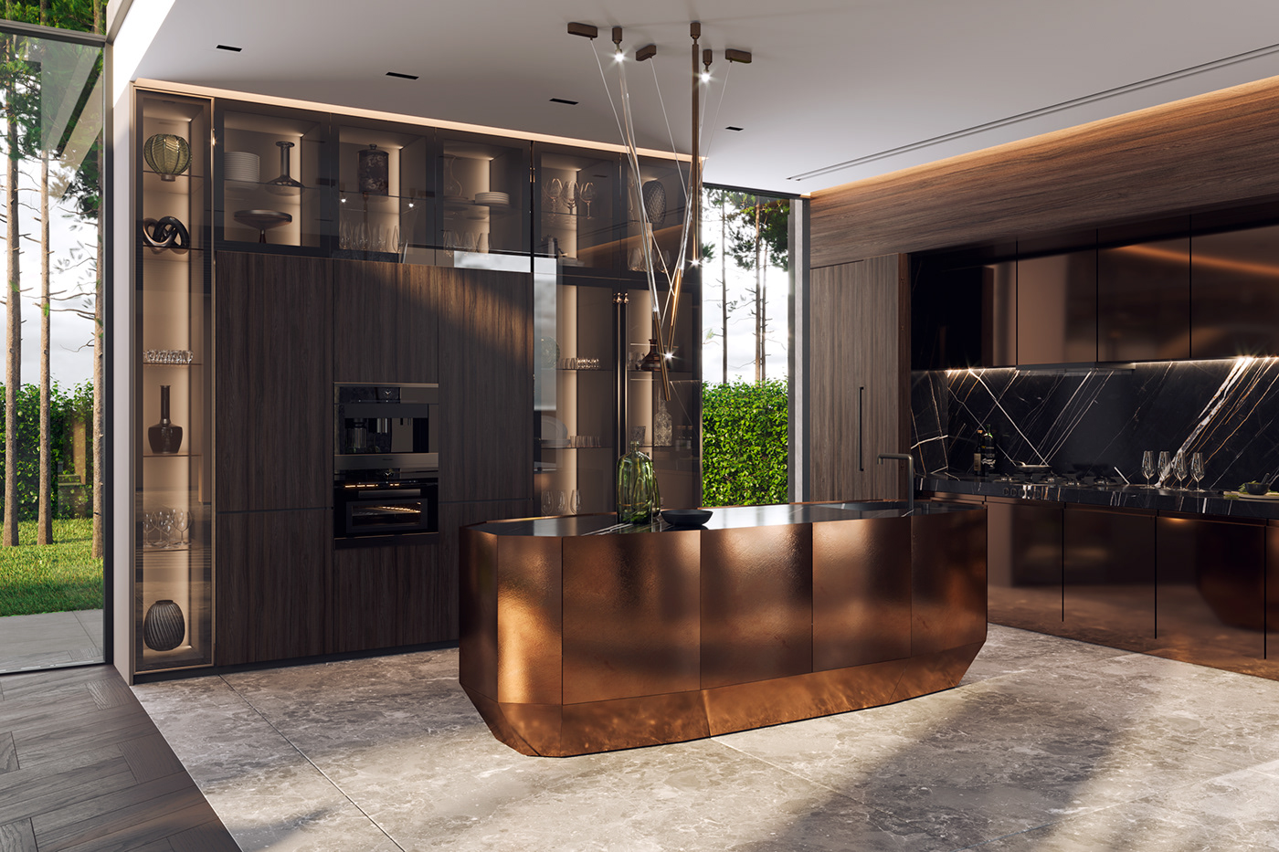 Kitchen design in modern style. Metal, natural wood, marble