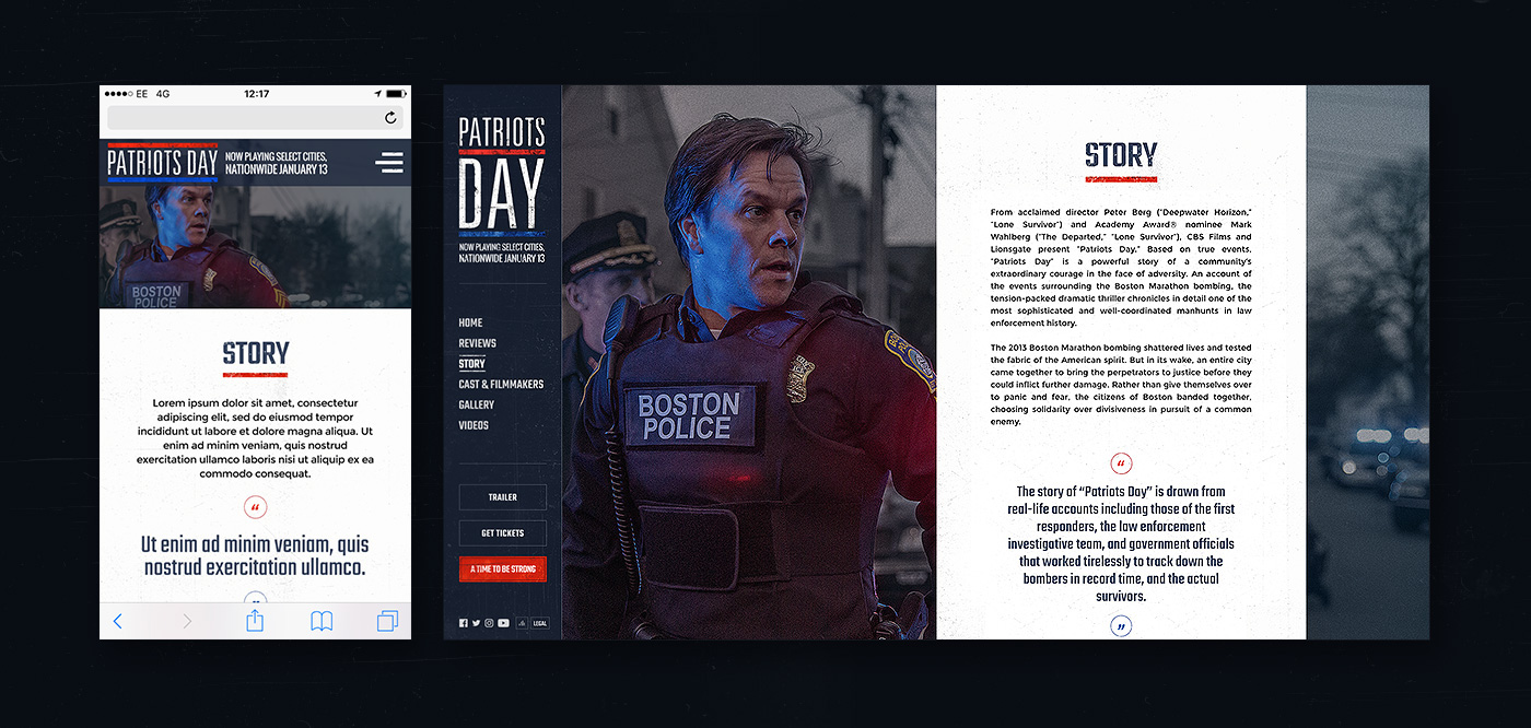 Patriots day Mark Wahlberg Responsive Website Film   boston bombings motion design