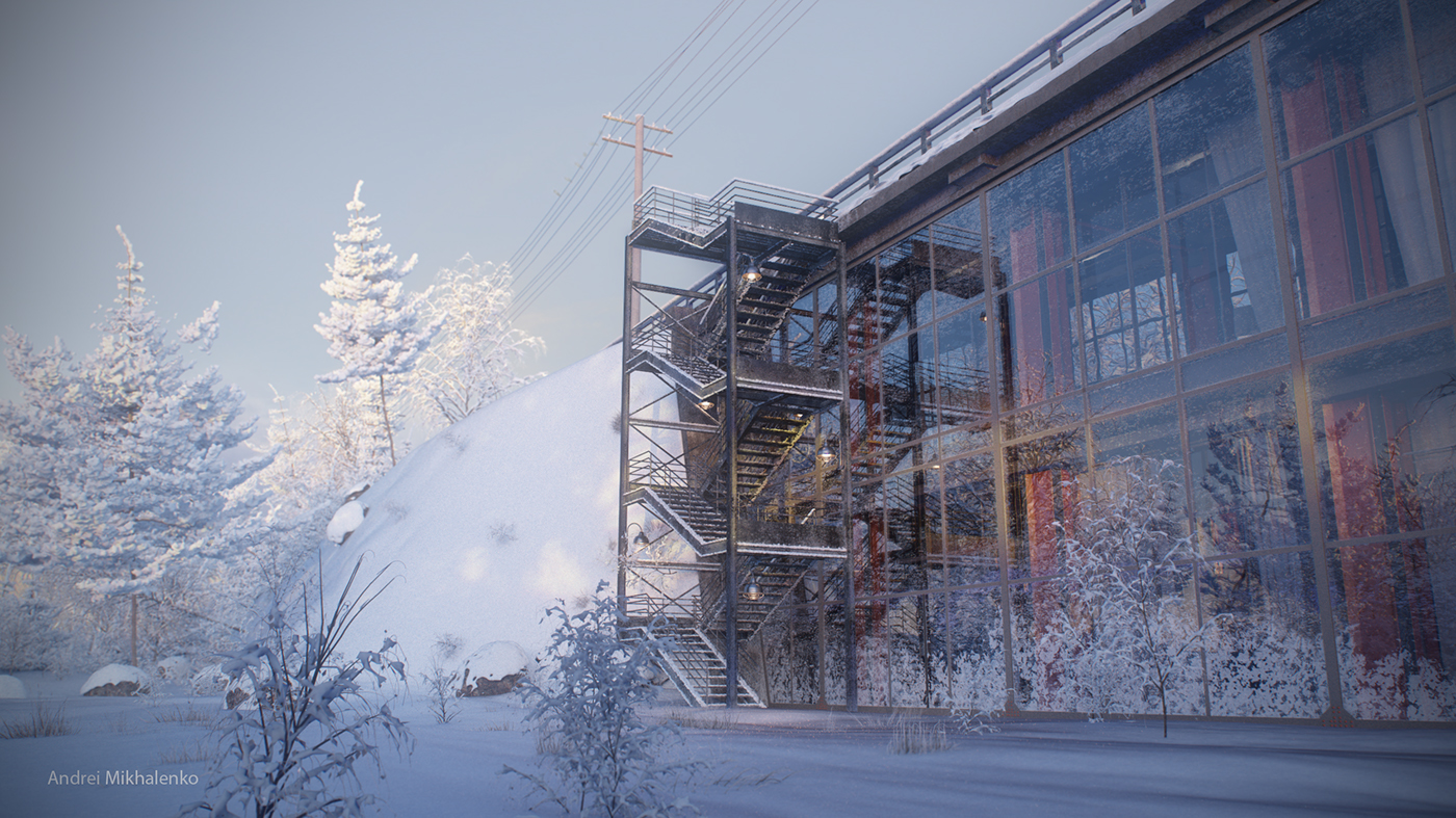 concept house bridge industrial visualisation winter design 3D under bridge