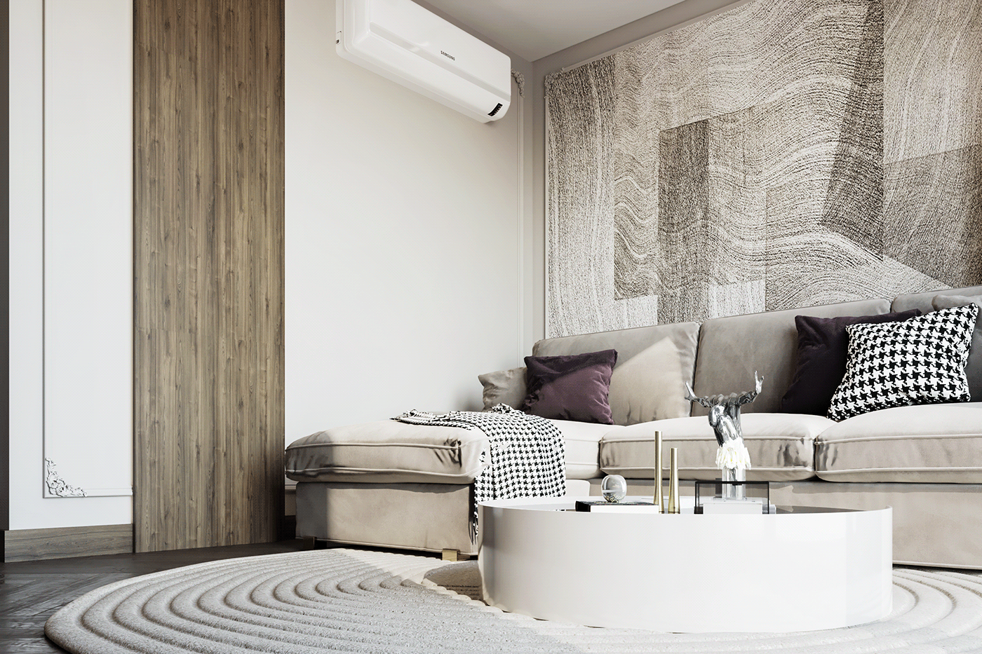 abstract apartment Apollo interior design  living living room loveseat plants tv wallpaper