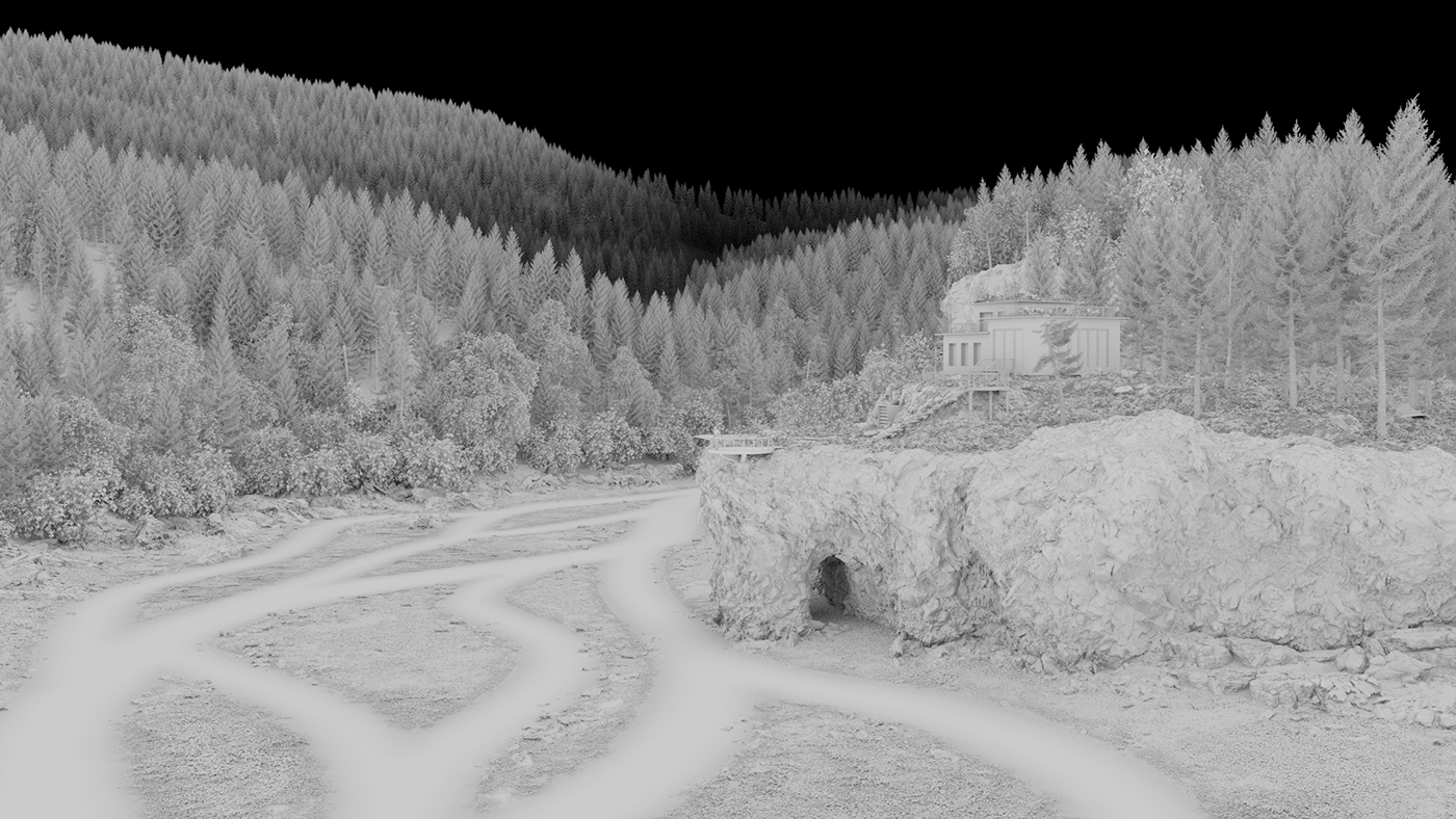 3D CG CGI cliff fog forest river