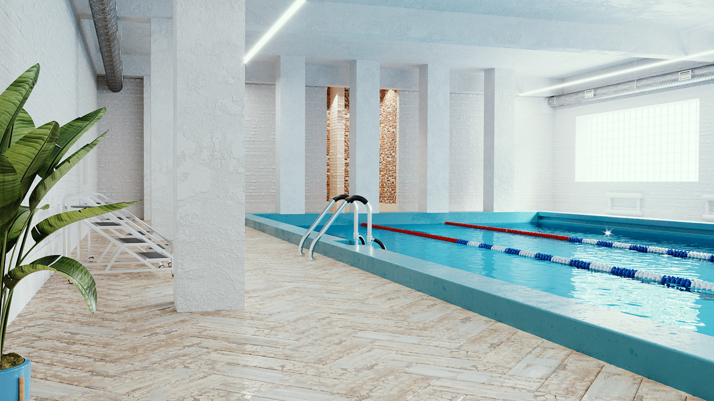 3dsmax bricks cinema4d dark design Interior light LOFT Pool water