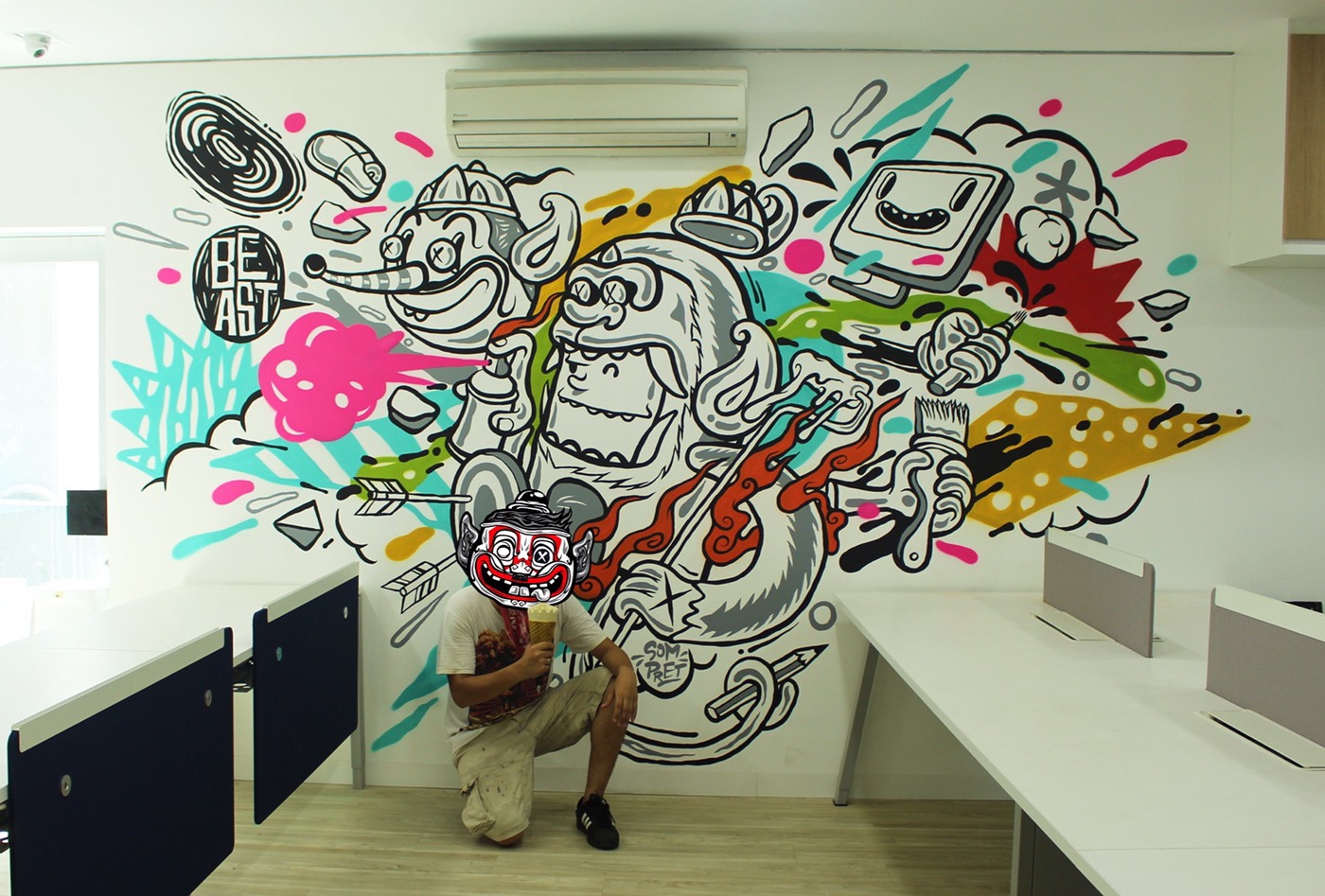 sompret art Graffiti Mural Wayang mask java Jawa panakawan ILLUSTRATION  indonesia Lowe agency graphic design beast