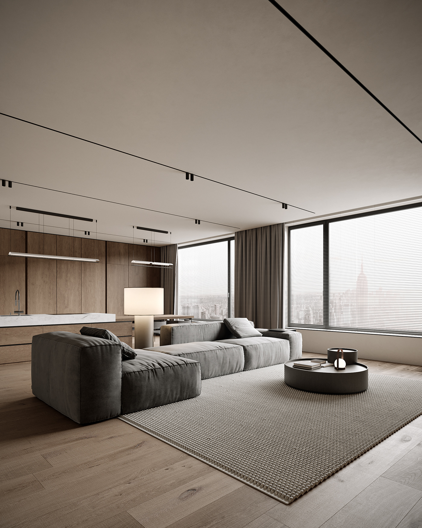 kitchen living room visualization wood modern Minimalism renderlovers Render Interior