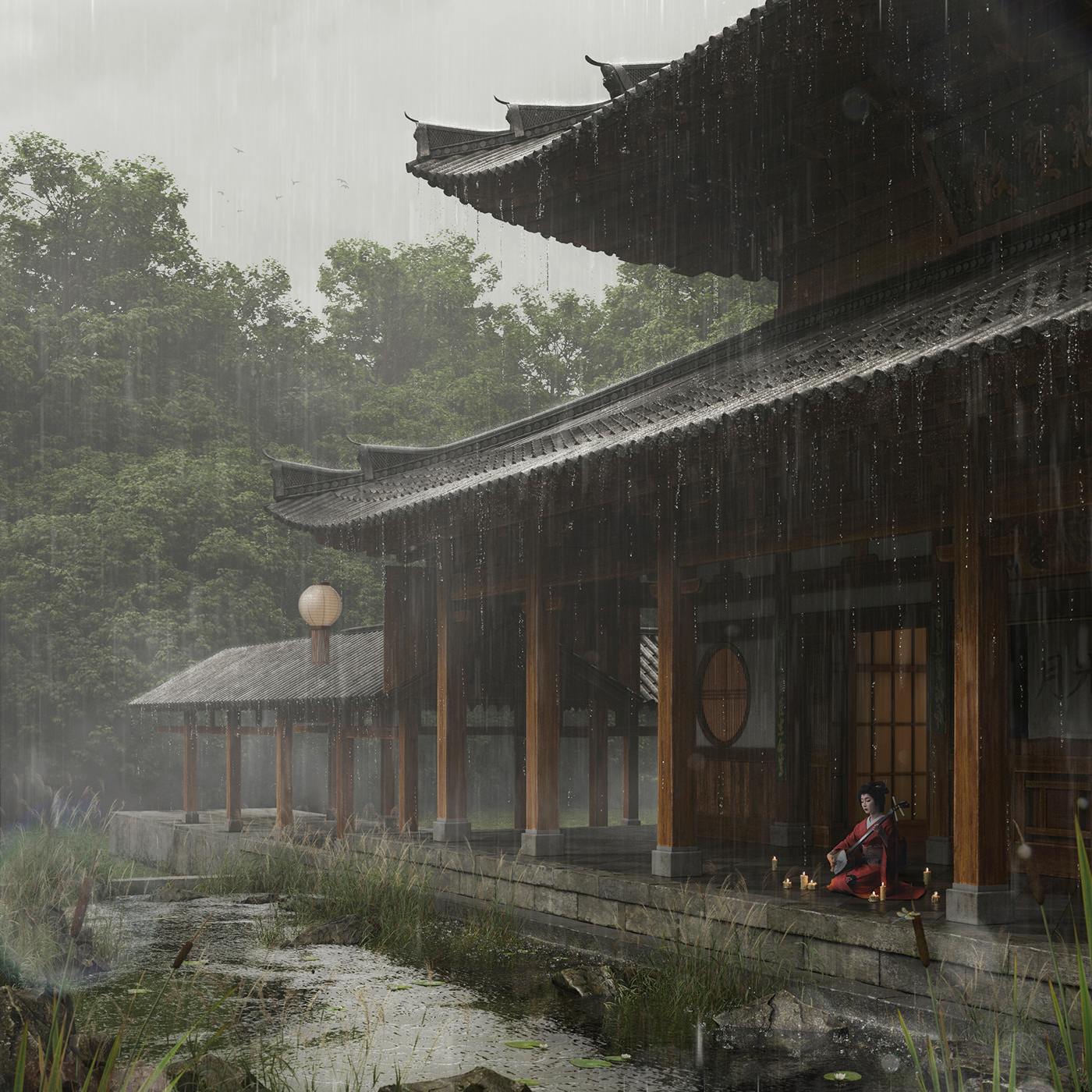 architecture archviz geisha house japan japanese japanese style Landscape Nature rain