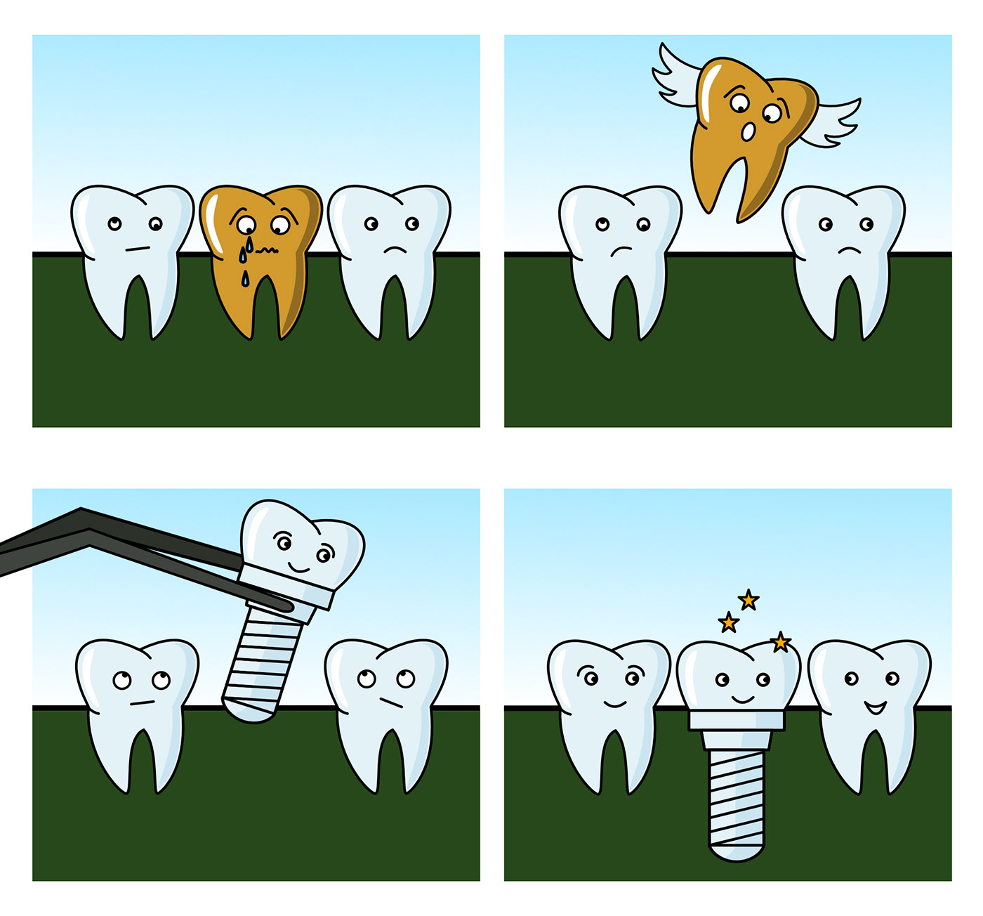 Illustration Zähne, Implantat, Comicstyle