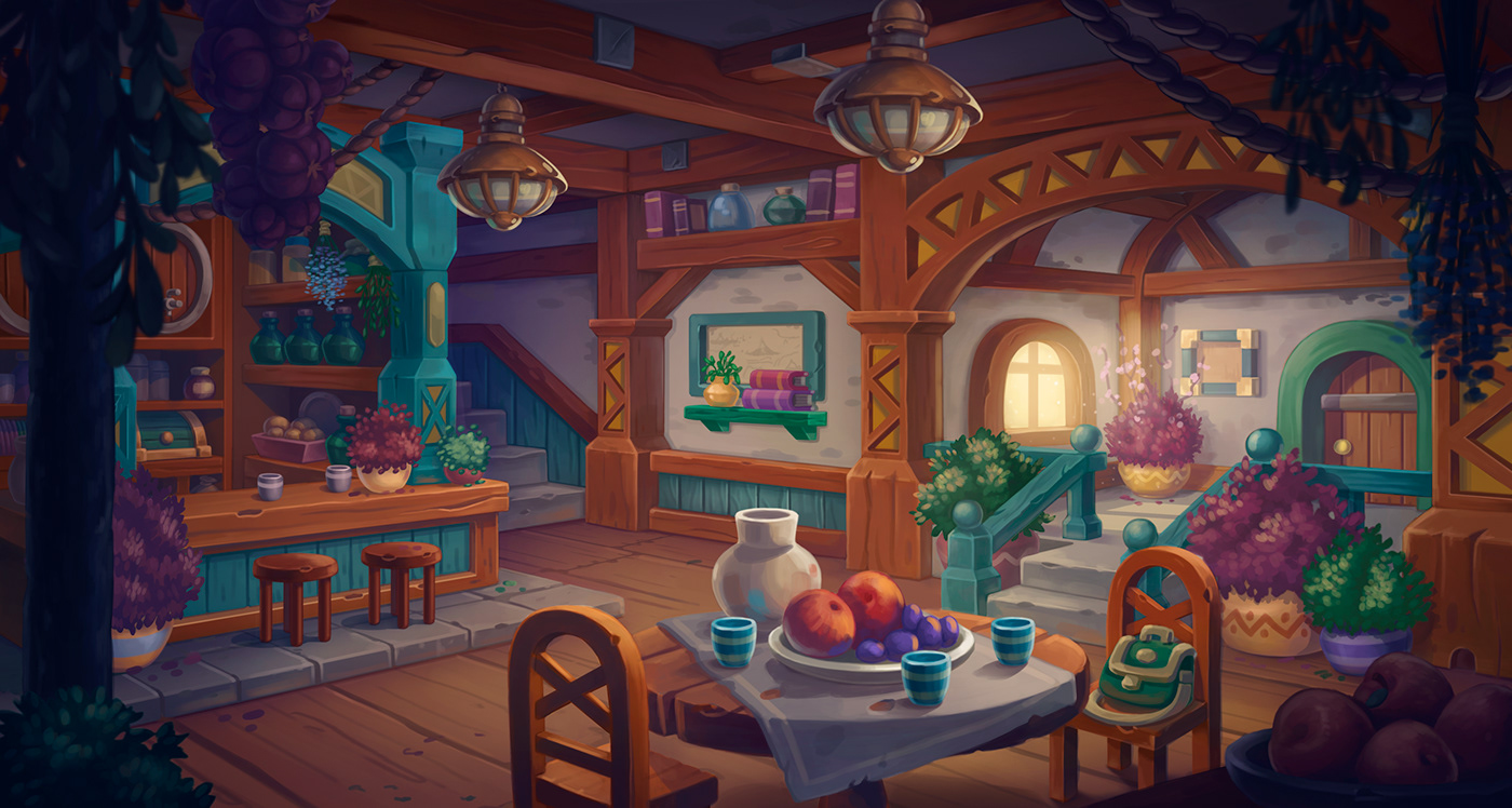 cartoon game Tavern art cute Magic   digital 2D ILLUSTRATION  Interior