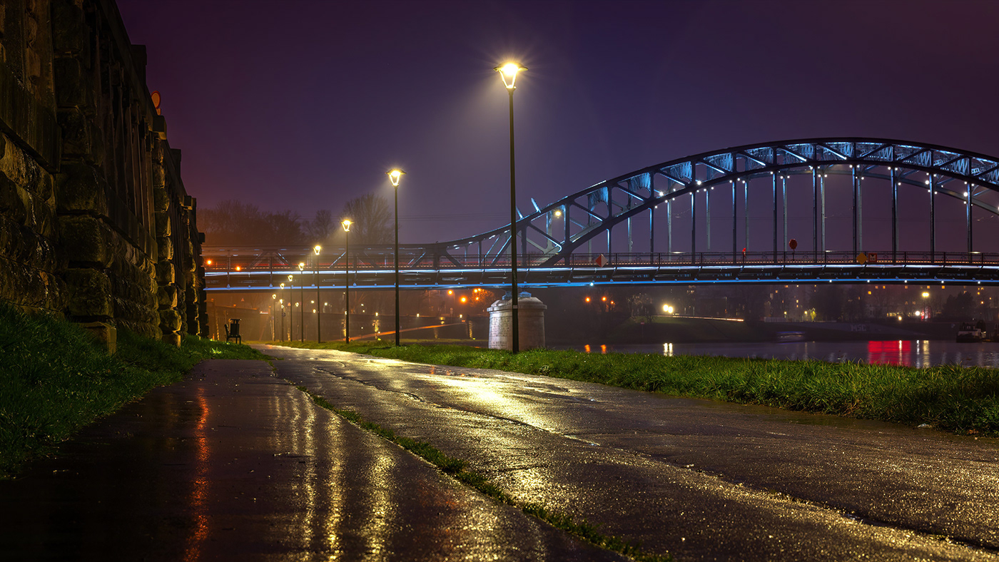 krakow rain bridge Evening poland view city Street