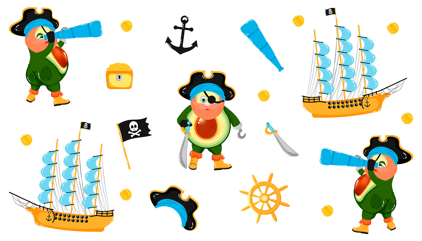 pirate avocado illustration pattern design  pirate ship cartoon vector children ILLUSTRATION  Graphic Designer bed linen design