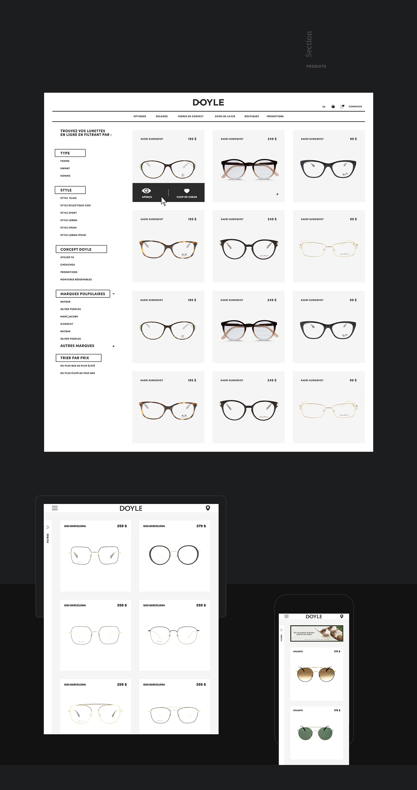 ux/ui direction artistique graphic design  Doyle Montreal Site transactionnel lunettes Optique ILLUSTRATION  Web Design 