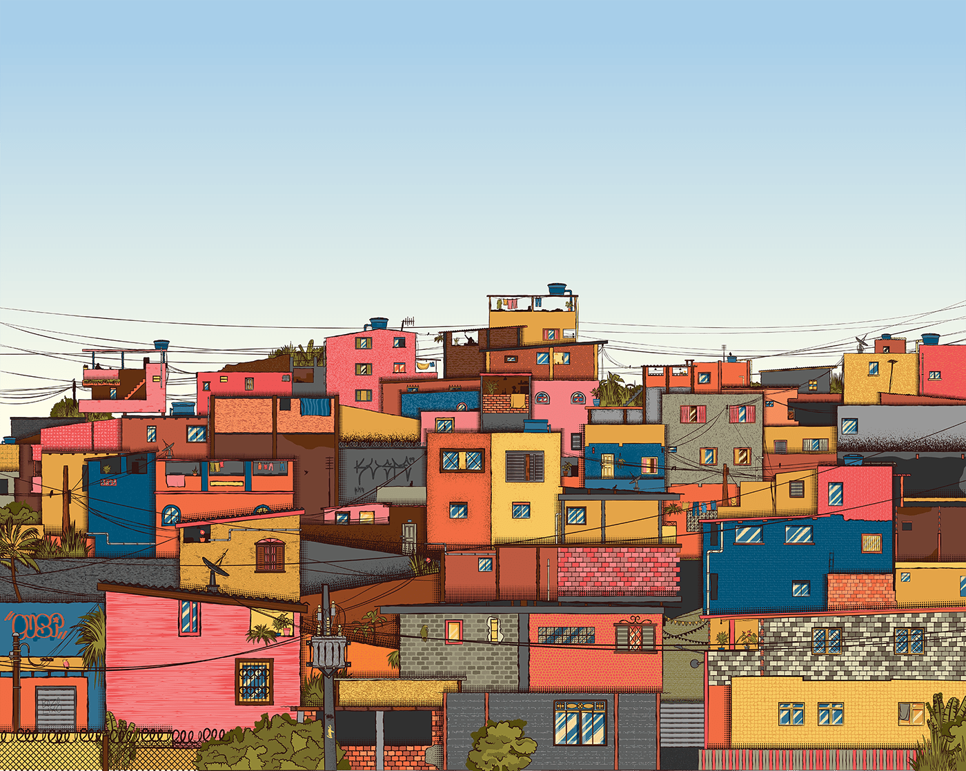 favela Brazil house poor Tropical colorful grafitti ILLUSTRATION  detailed Landscape
