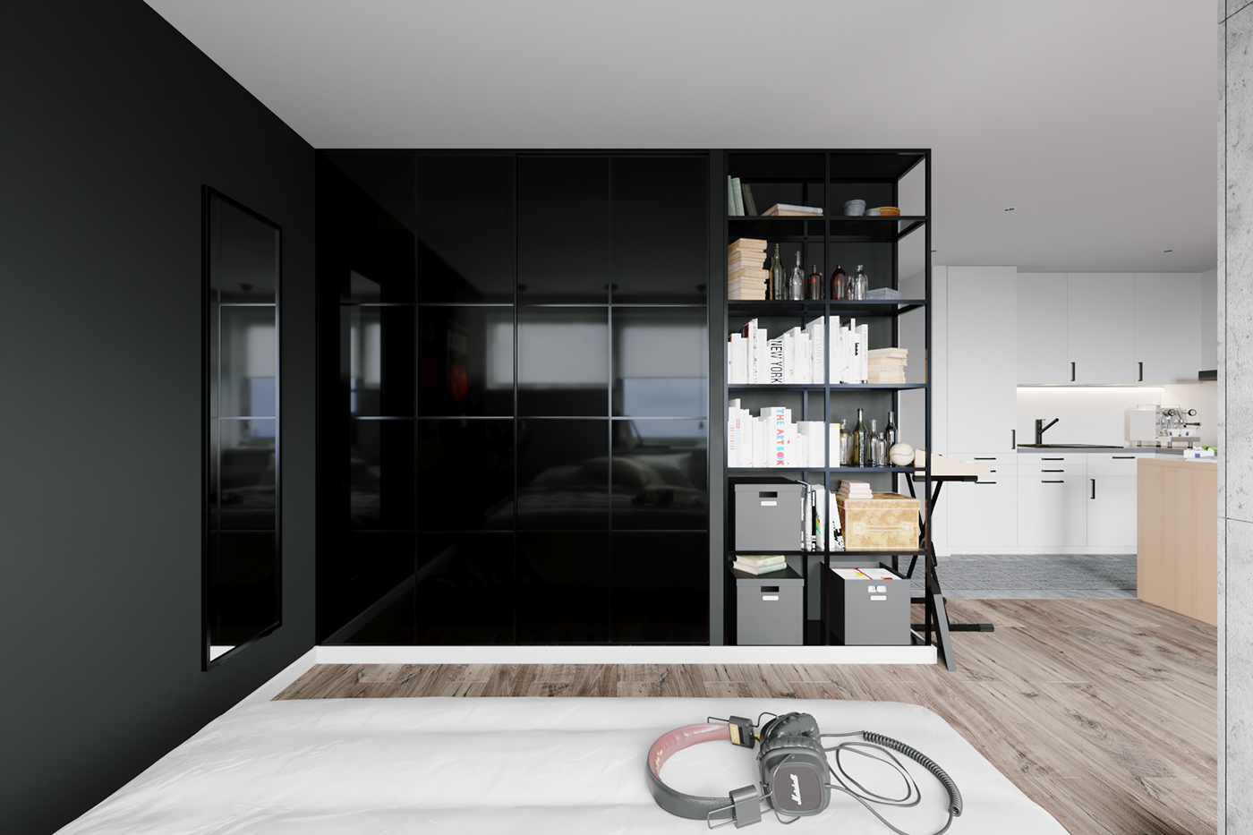 Interior house black White contrast kithcen living room bwdroom bathroom Render