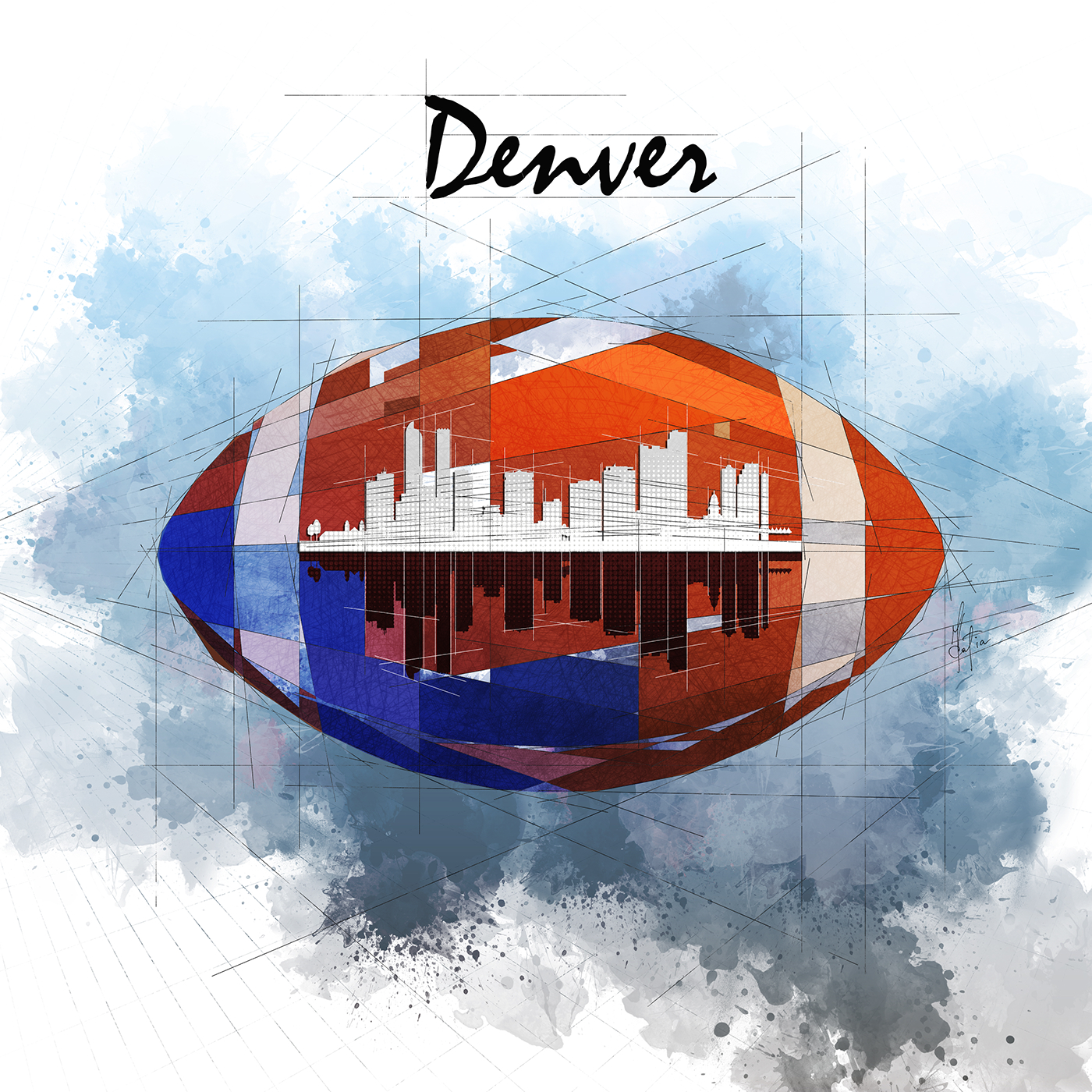 digital watercolors Denver skyline Denver Broncos