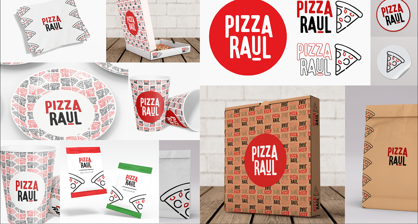 design Logo Design logos pizza logo visual identity caja PLATOS servilletas stickers vasos