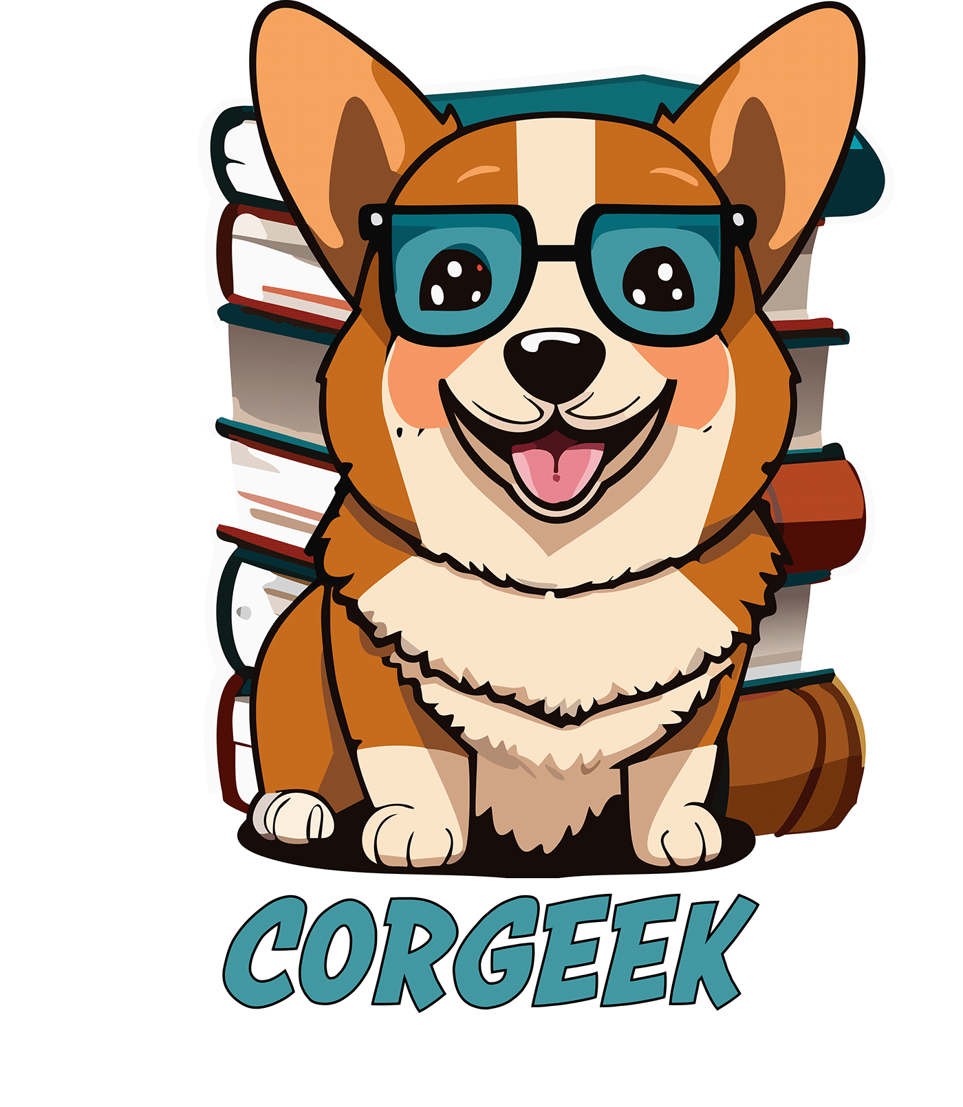 Cute corgi wearing geeky glasses, in front of a stack of books, with the words "Corgeek". 