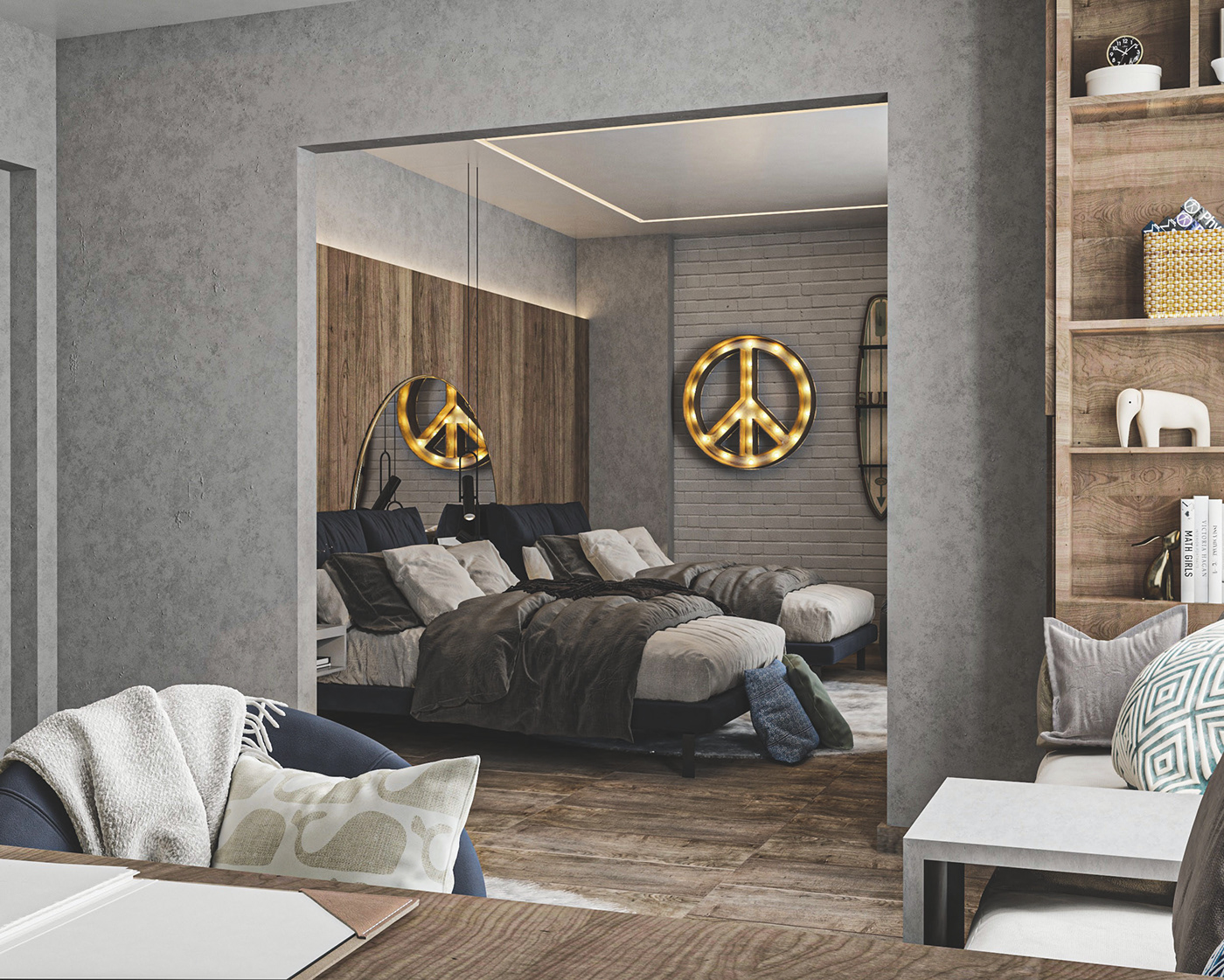 architecture Bedroom interior BOY SCOUTS contemporary Double Room greyscale interior design  photoshop teenager vray render
