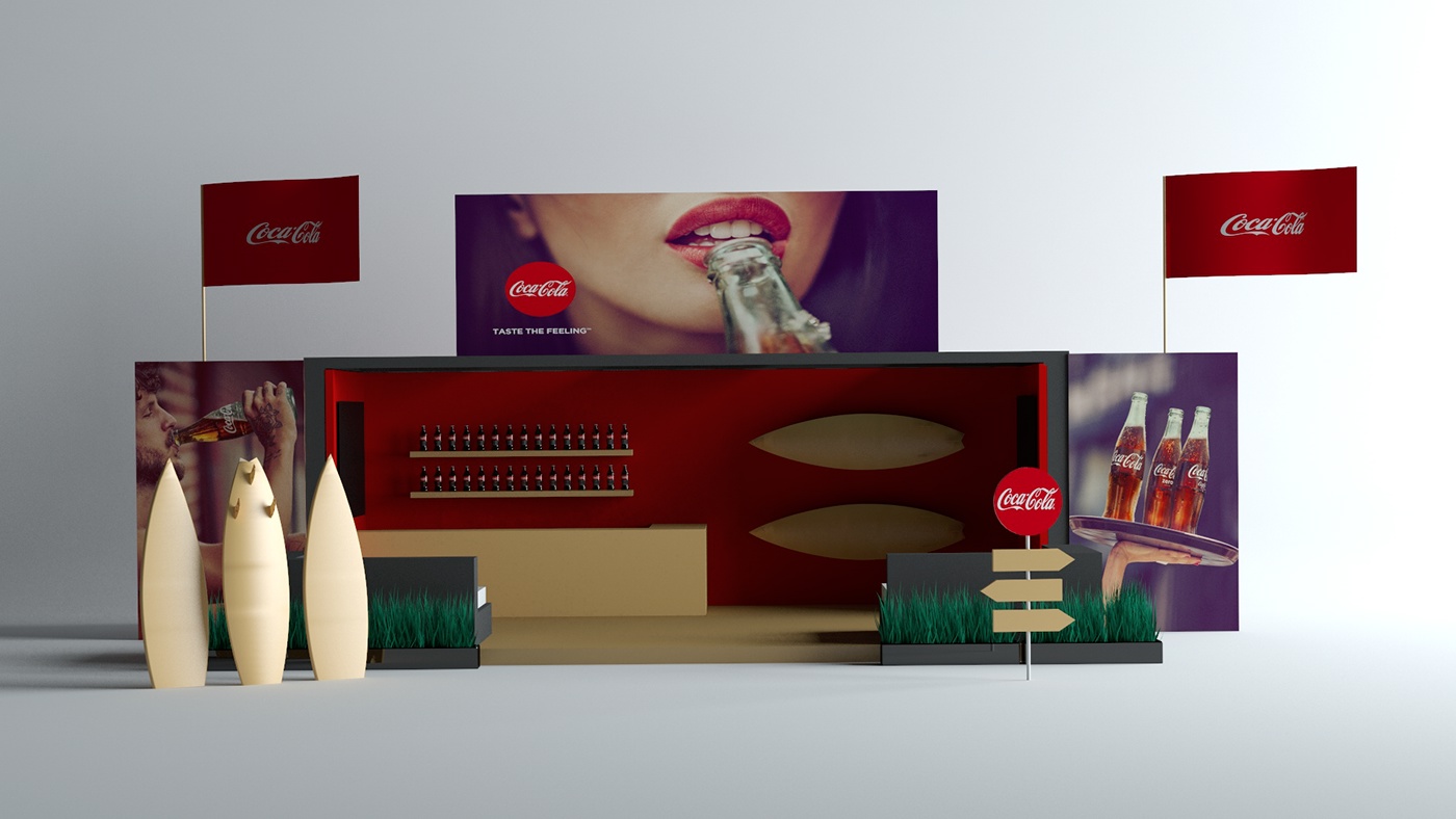 3D stand design marcas Coca-Cola Space design graphic design  Events Surf sports