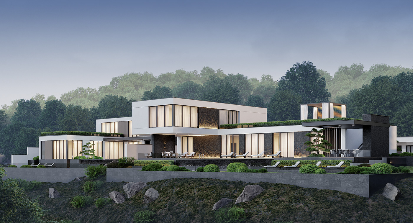 3ds max architecture corona exterior house mountains Pool Render Villa visualization