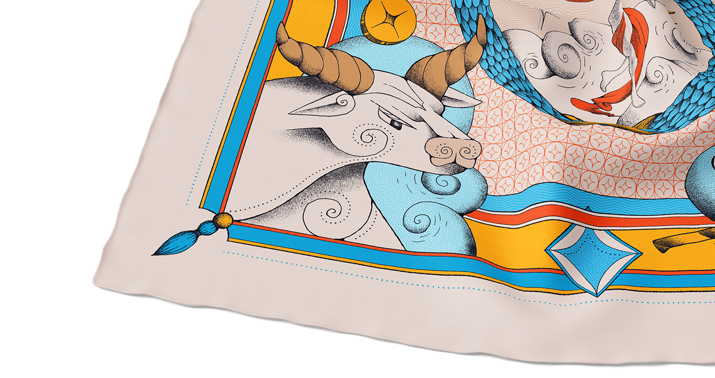fabric scarf SILK Tarot Cards textile design  unicorn bird hand pegasus