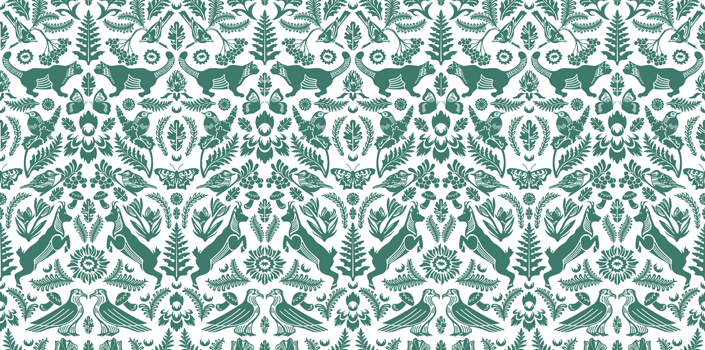 Botanical and animalistic motifs in the hotel's signature pattern. Design of illustrations for brand