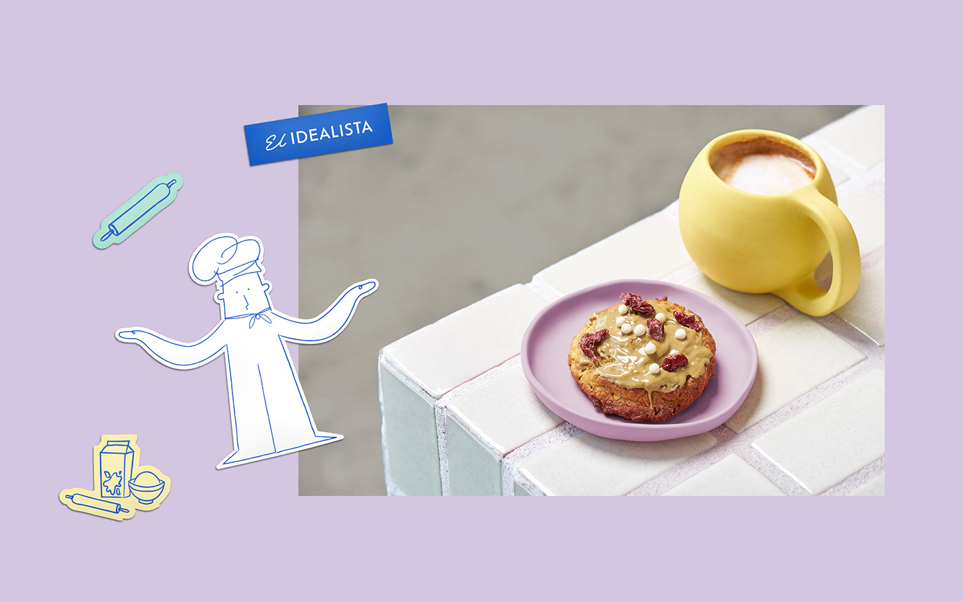 stickers and dessert with coffee on a purple background.
