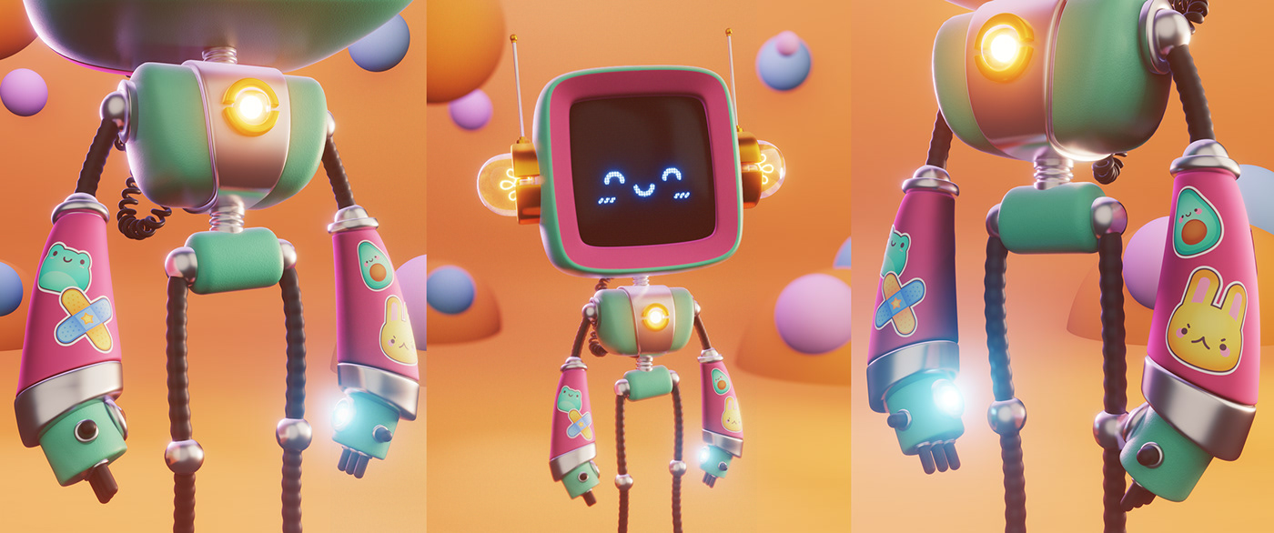 3D cartoon character Robot with cute stickers with animals, modeled and rendered in Blender Eevee