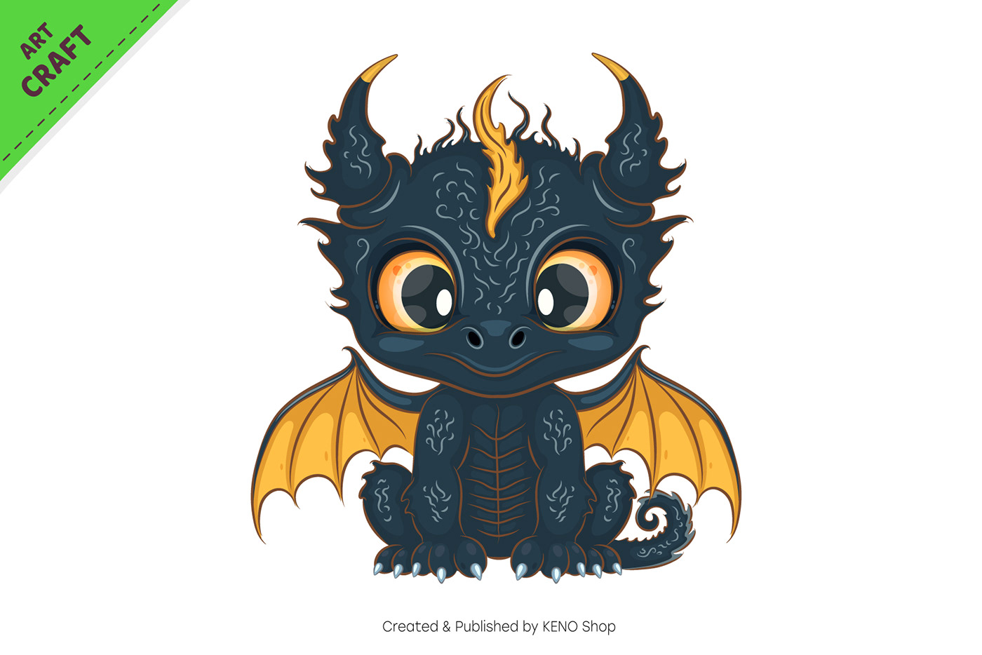 Cute cartoon illustration of sitting Lacy baby dragon.