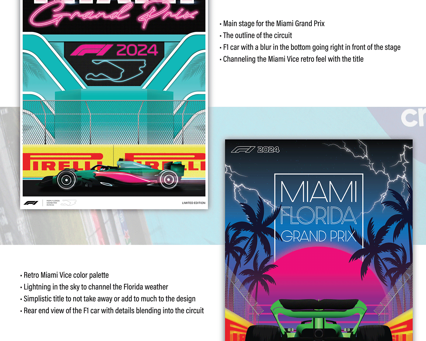 Formula1 posterdesign miami vice Automotive design ILLUSTRATION  florida 80's style