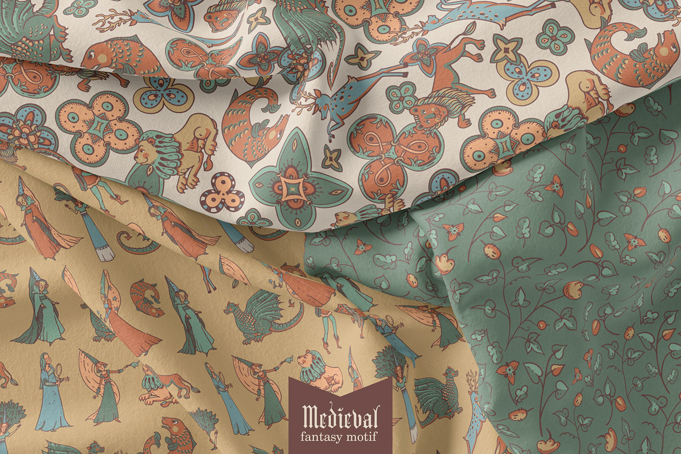 medieval fantasy seamless pattern textile design  Surface Pattern floral pattern vintage style legend fantasy animals romance era