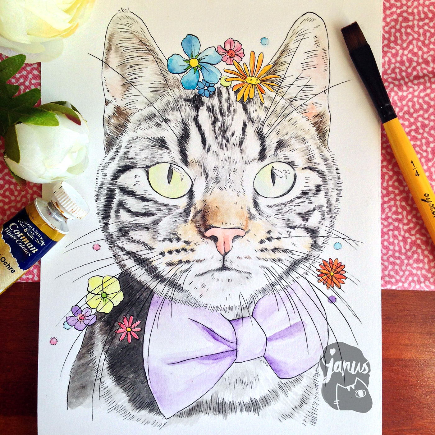 Cat portrait Pet realistic family watercolor januslee auckland ink Love