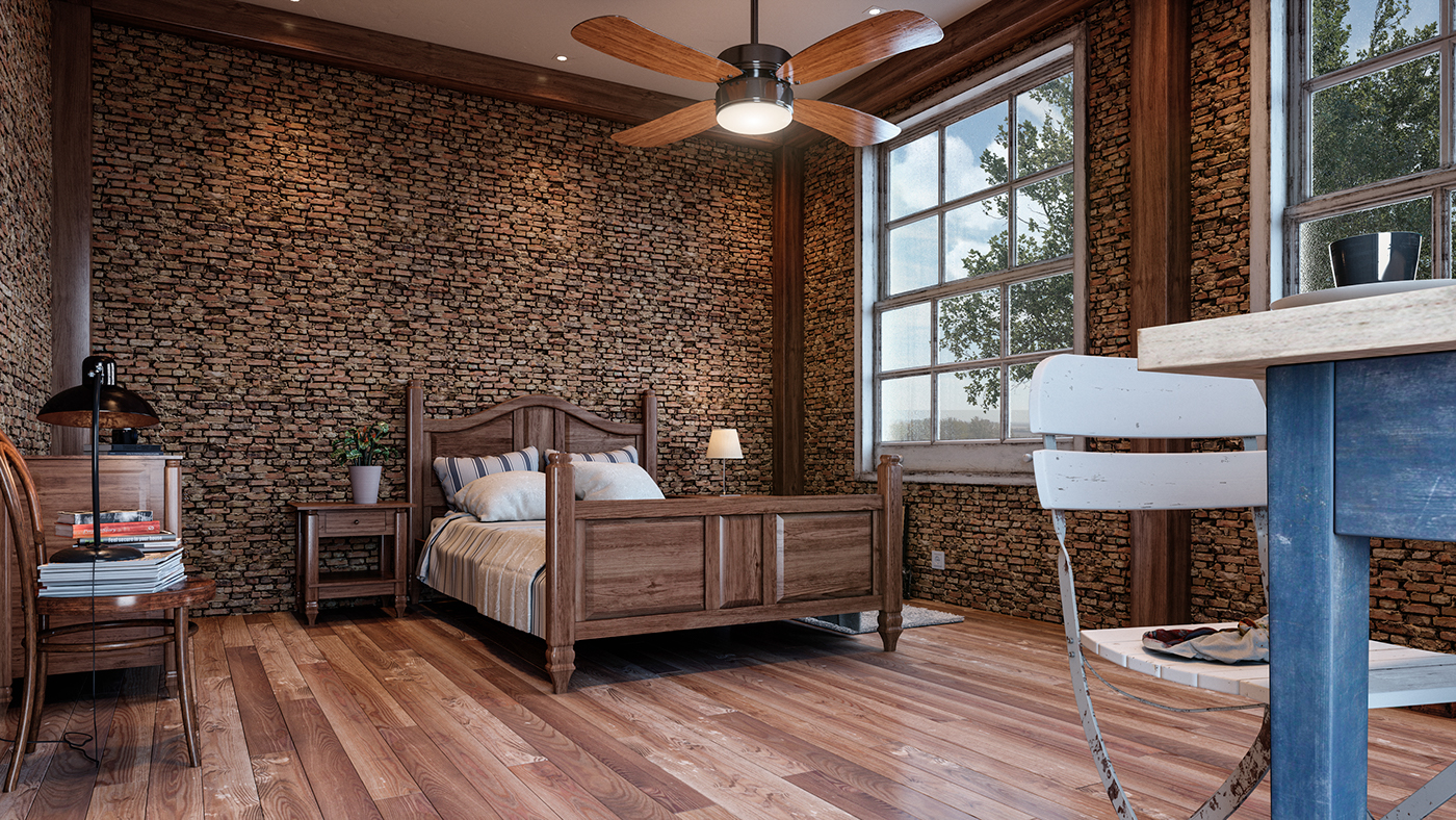bedroom rustic 3D brick bed room 3dsmax FStorm Render