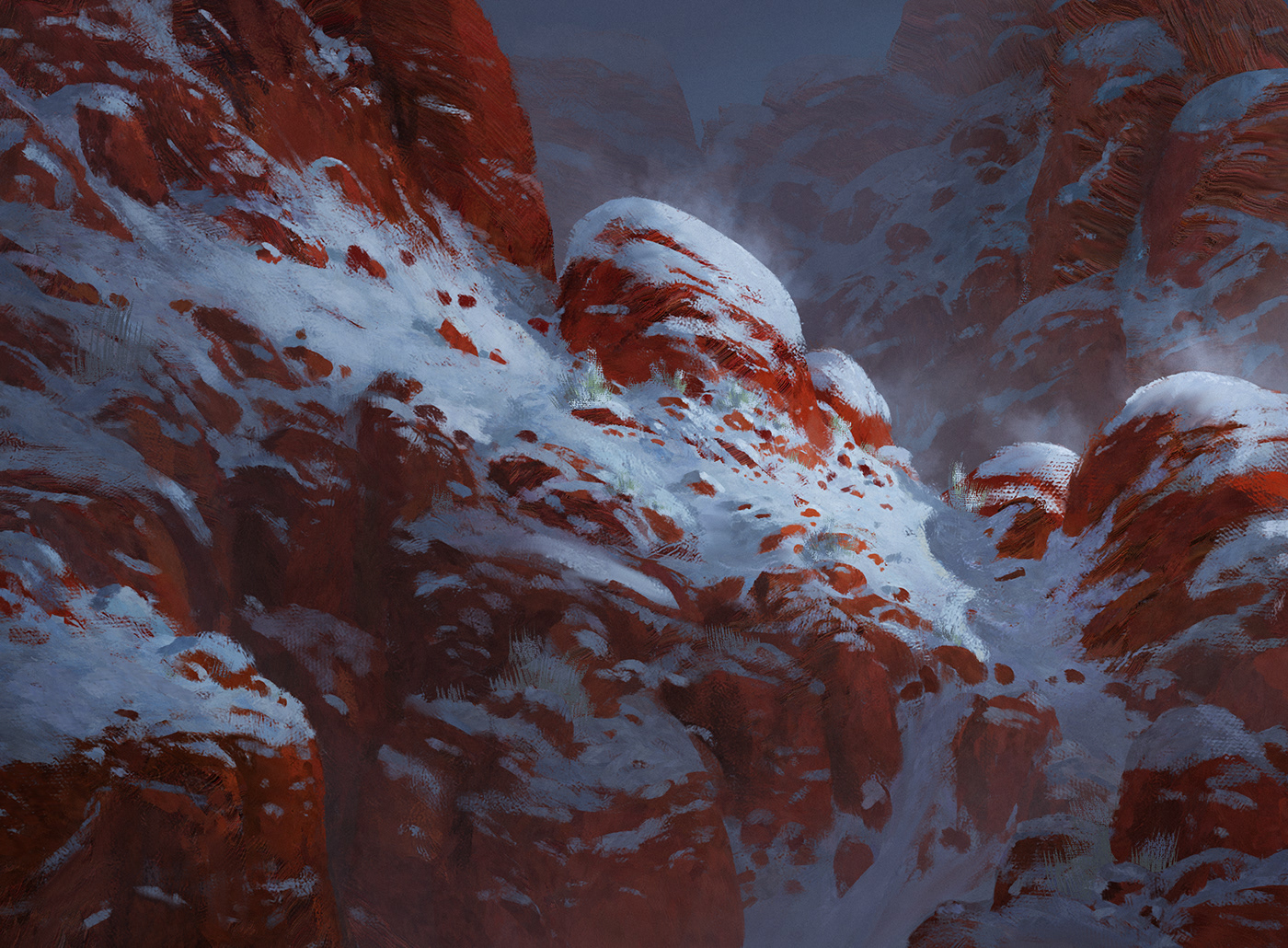 canyon fog MORNING mountain painterly red Sktech snow winter