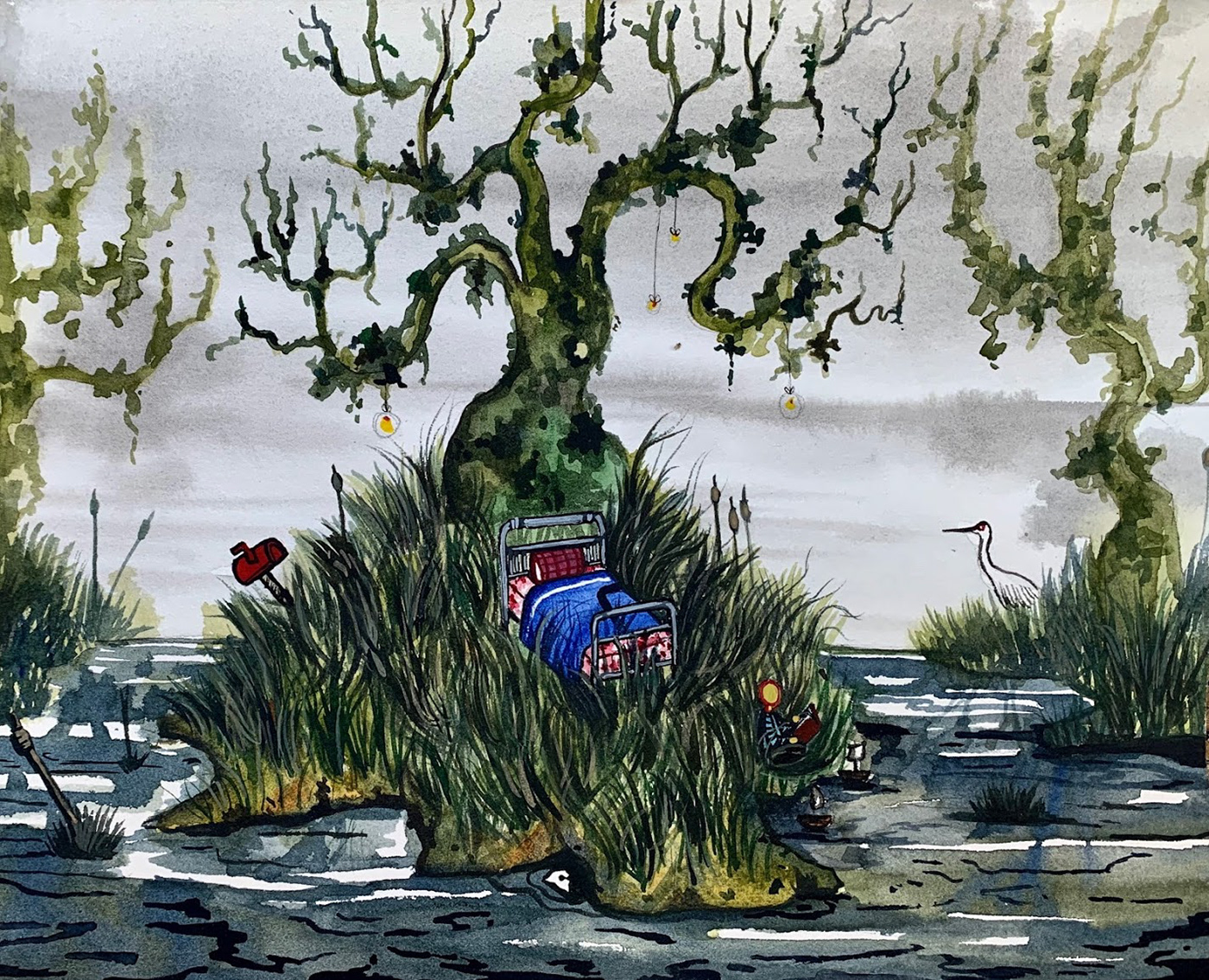 crane dreamscape FINEART ILLUSTRATION  marshland story swamp watercolor willow tree